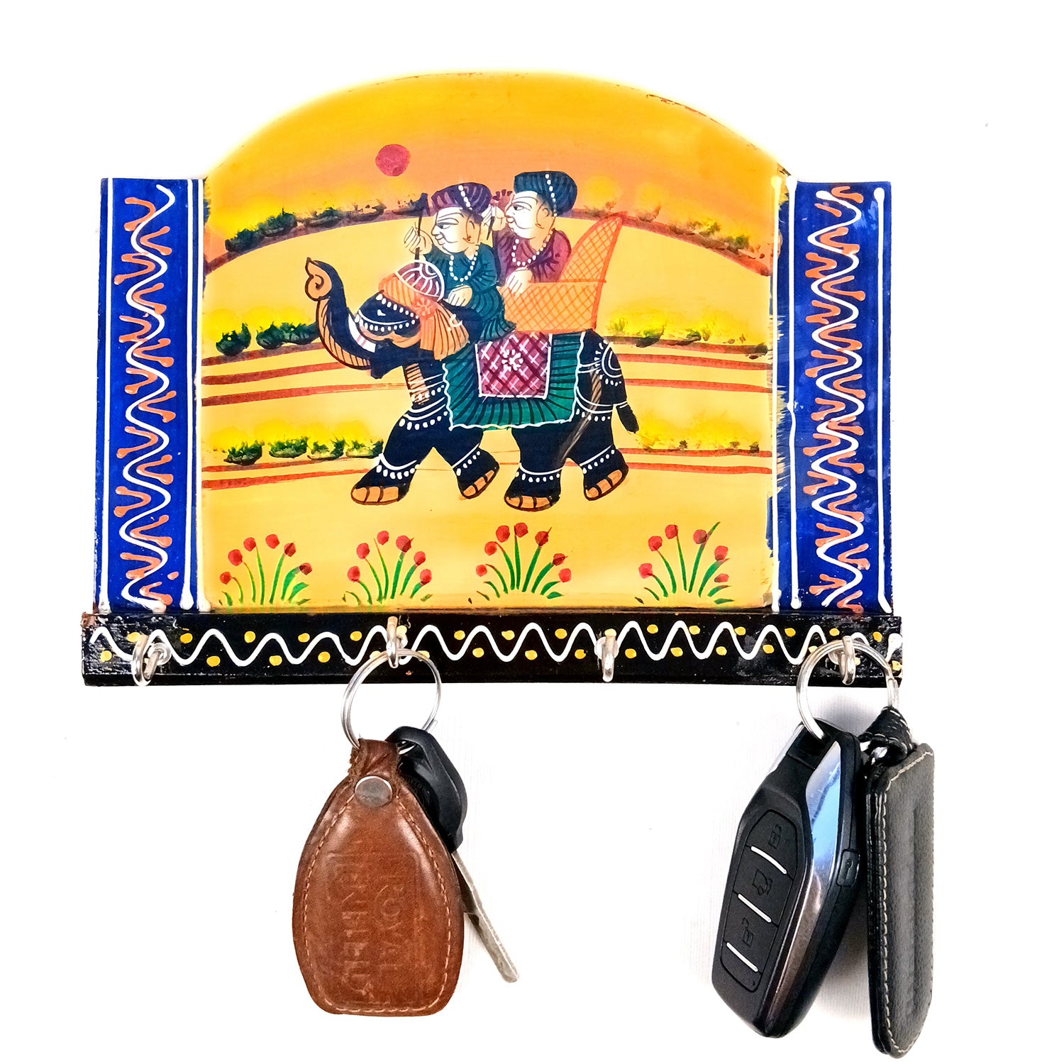 Key Holder Wall Hanging | Handpainted Key Hook Stand With 4 Hooks | Keys Organizer - For Home, Entrance, Office Decor & Gifts - 9 Inch - Apkamart