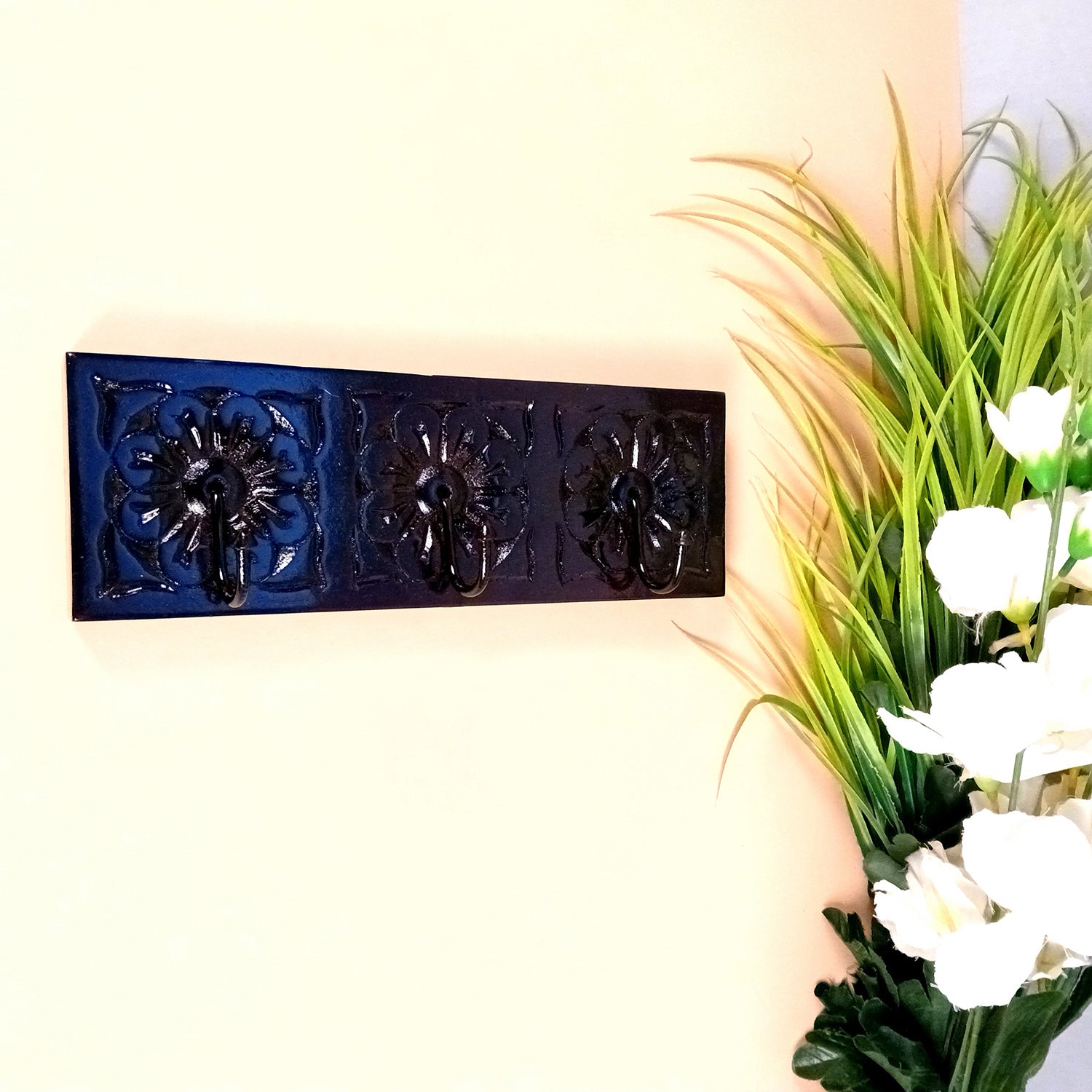 Wall Hook Hanging | Wooden Key Holder With Ethnic Carving | Multipurpose Organizer For Hanging Bags, Scarf, Clothes | For Home, Entrance, Decor - 12 Inch (3 Hooks) - Apkamart