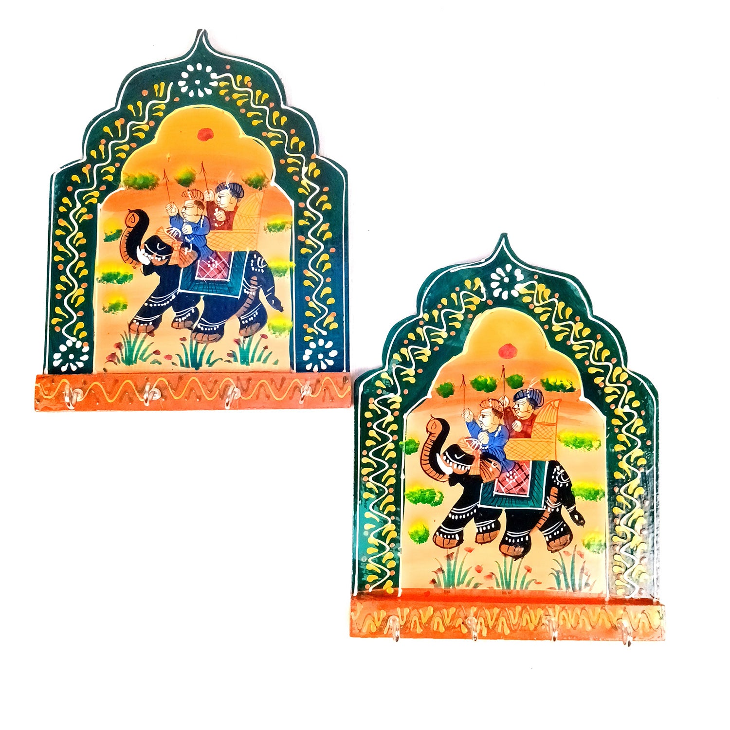 Key Holder Wall Hanging | Key Stand With 4 Hooks | Keys Organizer - For Home, Entrance, Office Decor & Gifts - 9 Inch (Wood, Green ) (Pack of 2) - Apkamart