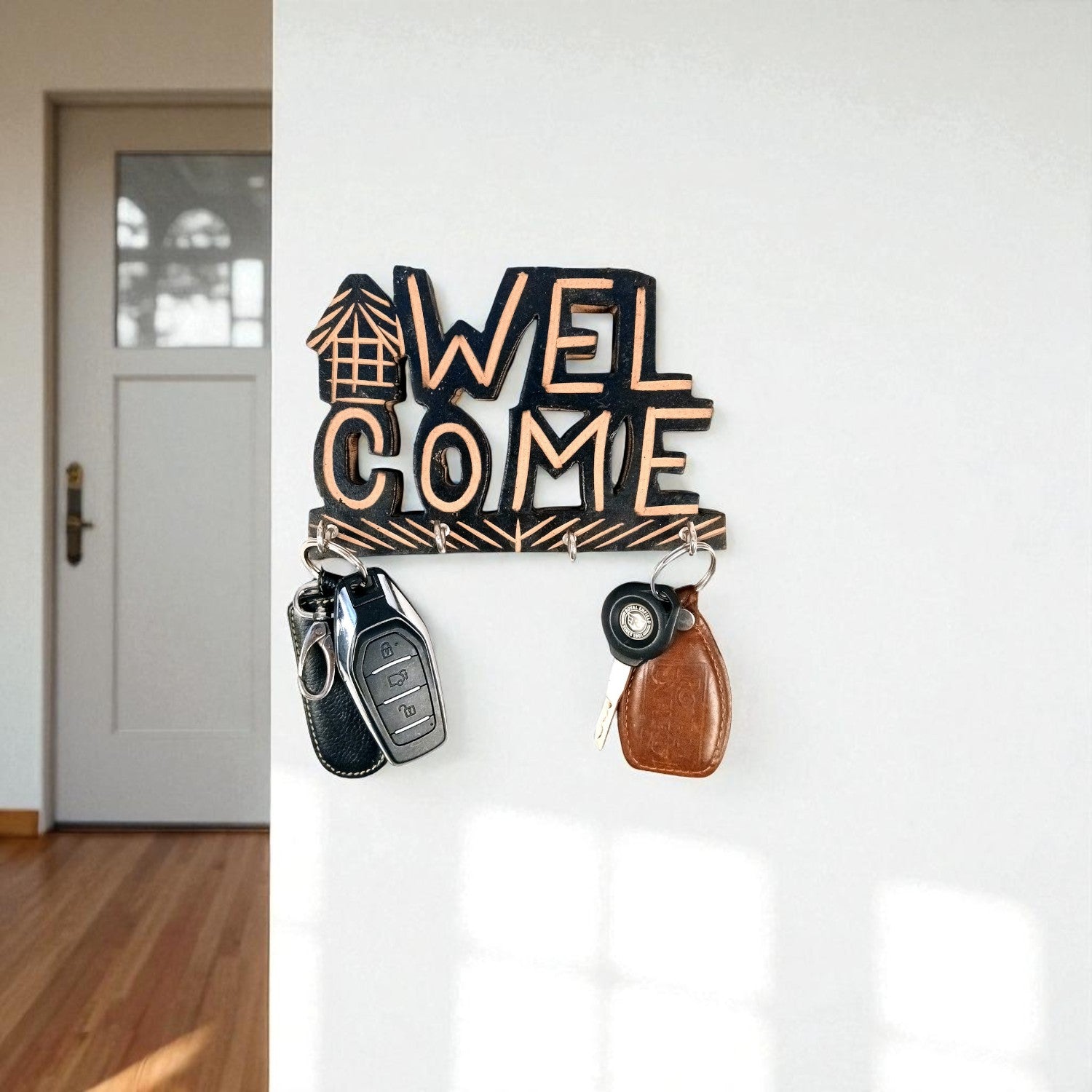 Key Holder Wall Hanging | Key Hook Stand Sweet Home & Welcome Design Combo| Keys Organizer - For Home, Entrance, Office Decor & Gifts - 7 Inch (8 Hooks) (Pack Of 2) - Apkamart