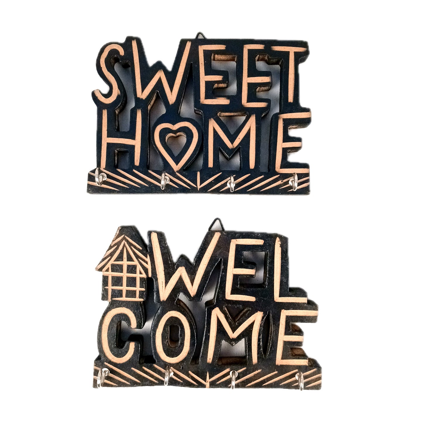 Key Holder Wall Hanging | Key Hook Stand Sweet Home & Welcome Design Combo| Keys Organizer - For Home, Entrance, Office Decor & Gifts - 7 Inch (8 Hooks) (Pack Of 2) - Apkamart