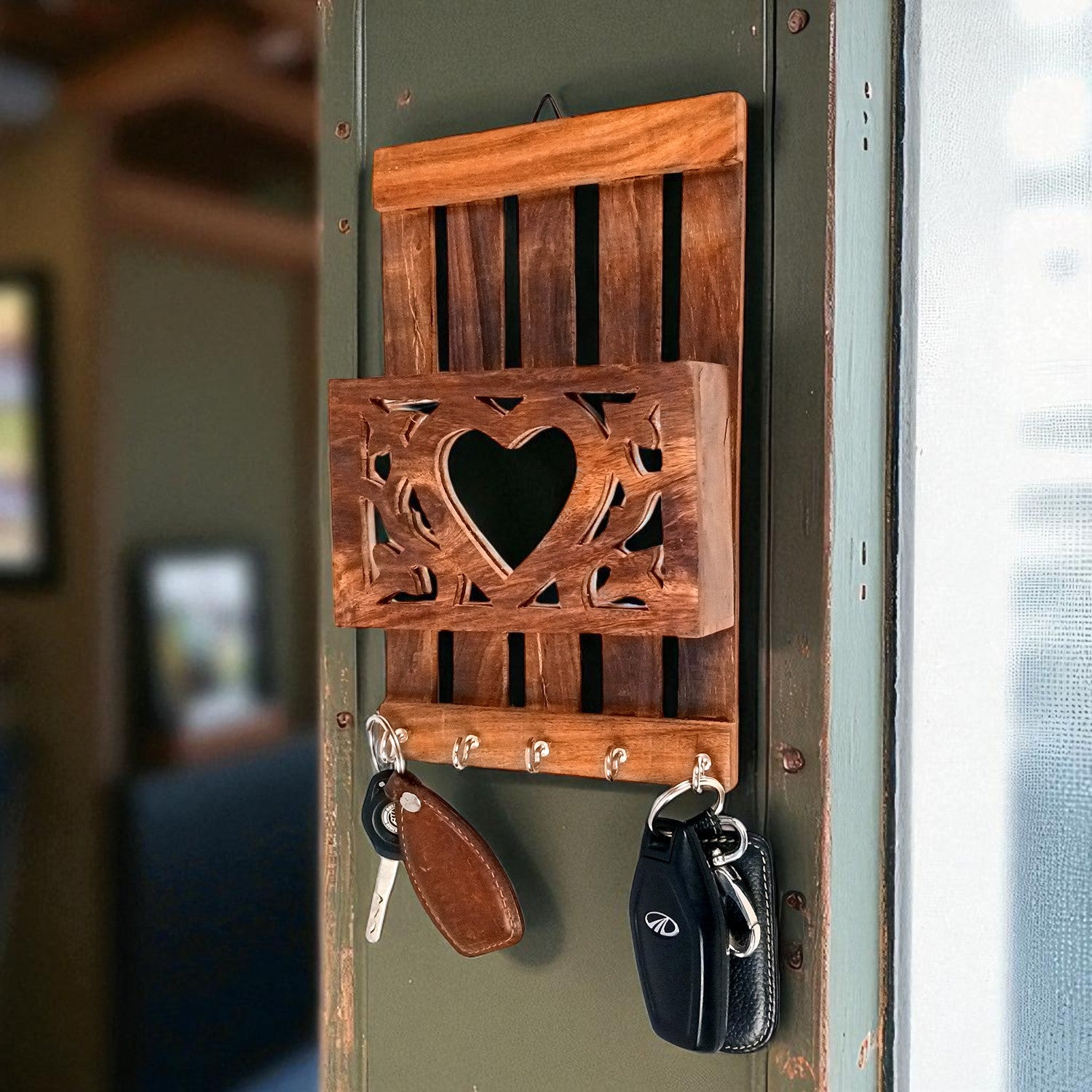 Key Holder with Letter Box | Key Hook Stand | Wooden Keys & Paper Organizer - For Home, Entrance, Office Decor & Gifts - 10 Inch (10 Hooks) (pack of 2) - Apkamart