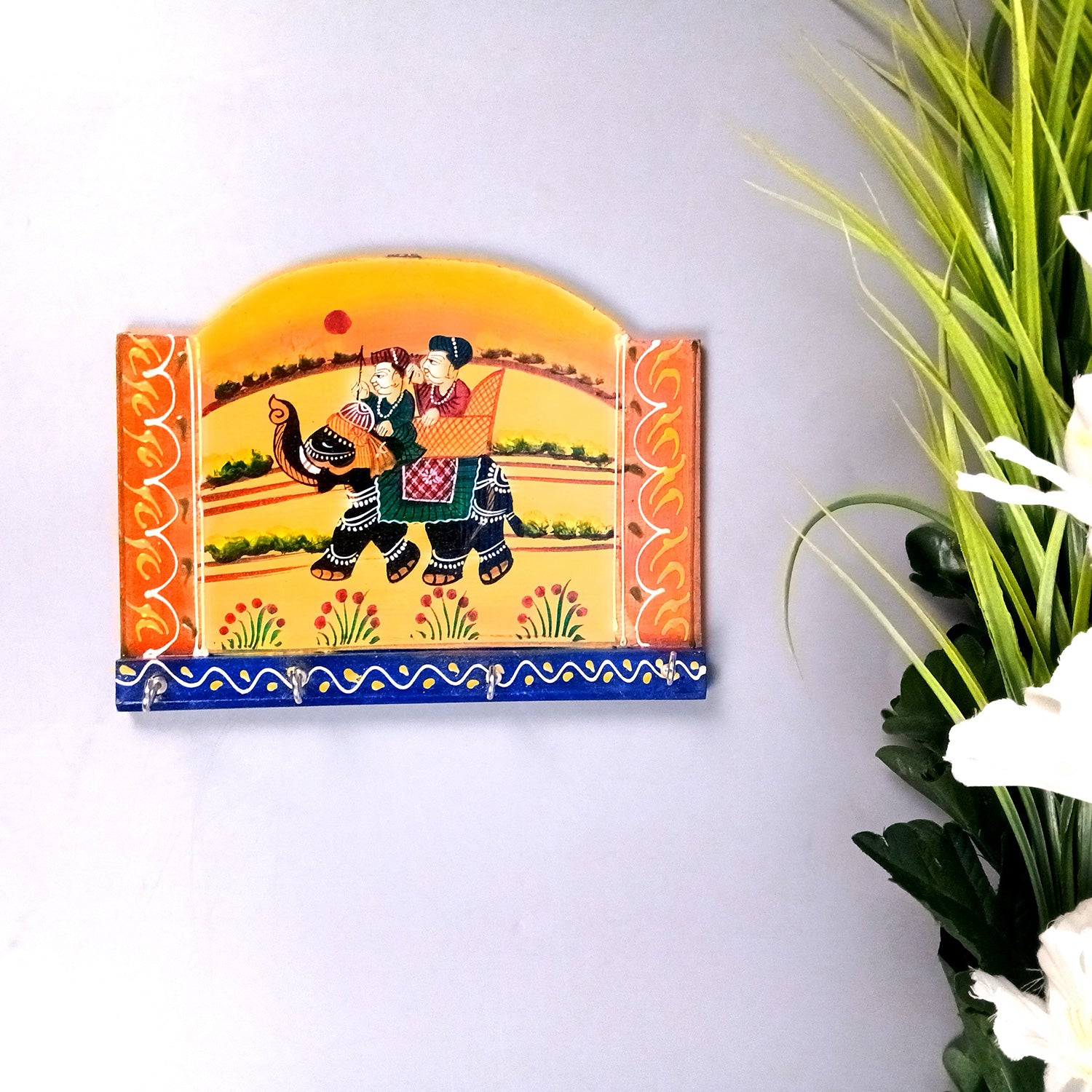Key Holder Wall Hanging | Handpainted Key Hook Stand With 4 Hooks | Keys Organizer - For Home, Entrance, Office Decor & Gifts - 9 Inch - Apkamart