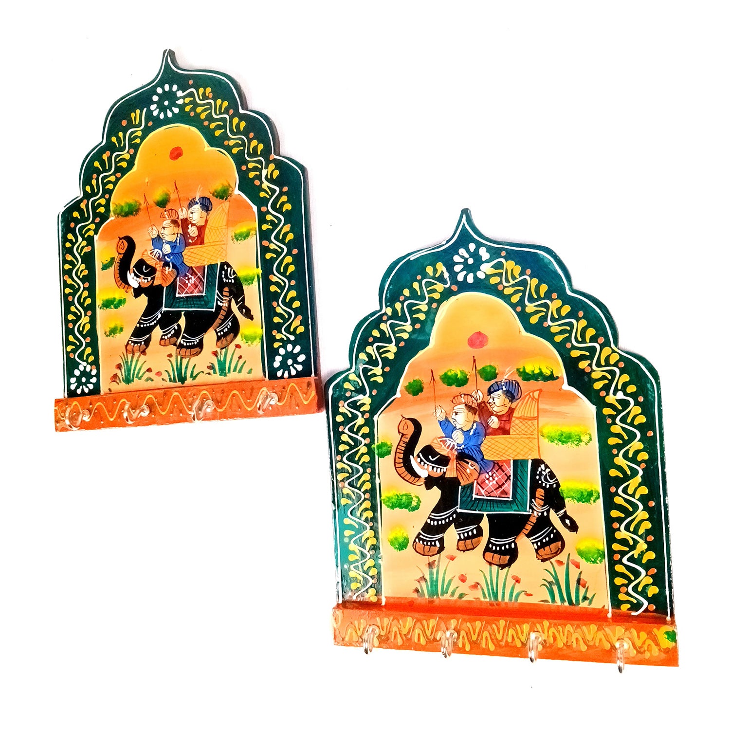 Key Holder Wall Hanging | Key Stand With 4 Hooks | Keys Organizer - For Home, Entrance, Office Decor & Gifts - 9 Inch (Wood, Green ) (Pack of 2) - Apkamart