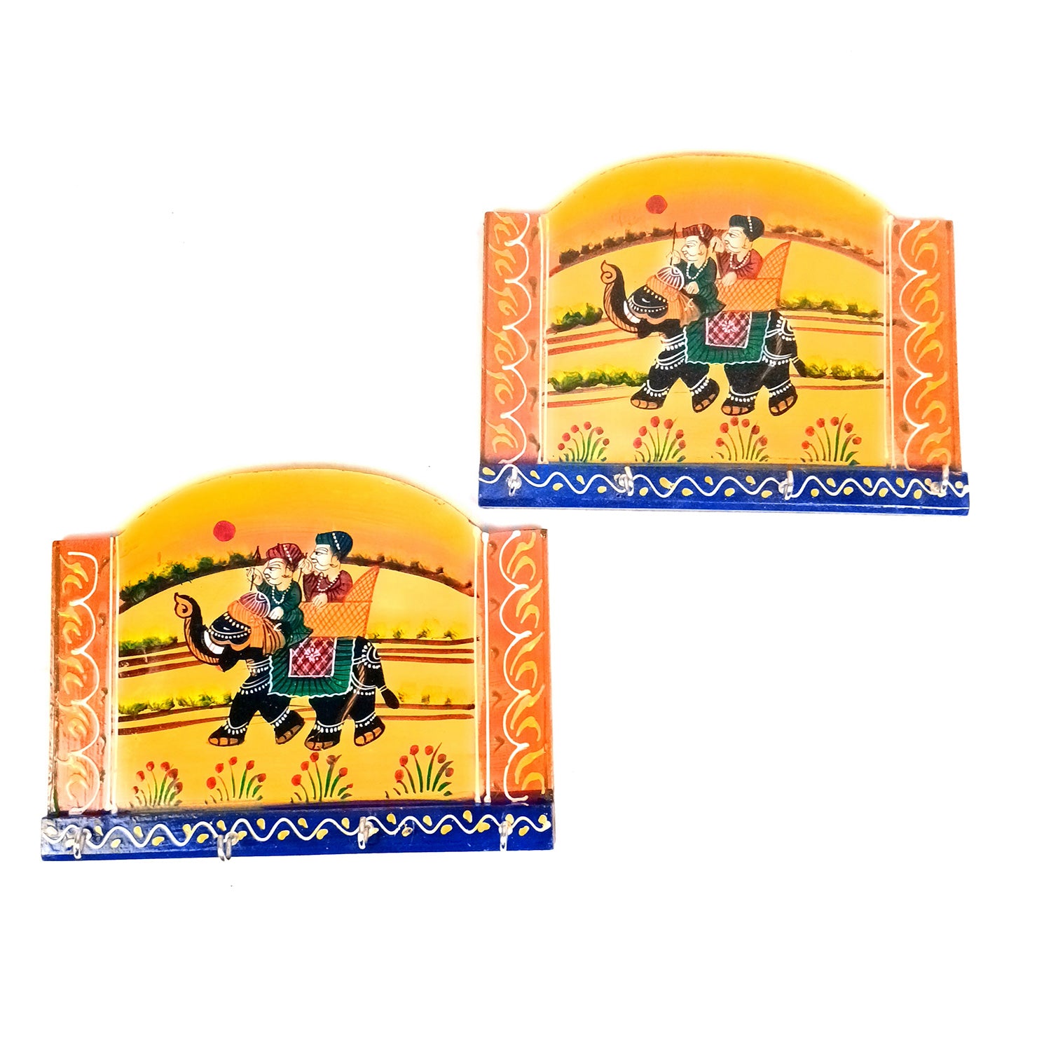 Key Holder Wall Hanging | Handpainted Key Hook Stand With 4 Hooks | Keys Organizer - For Home, Entrance, Office Decor & Gifts - 9 Inch (Pack of 2) - Apkamart