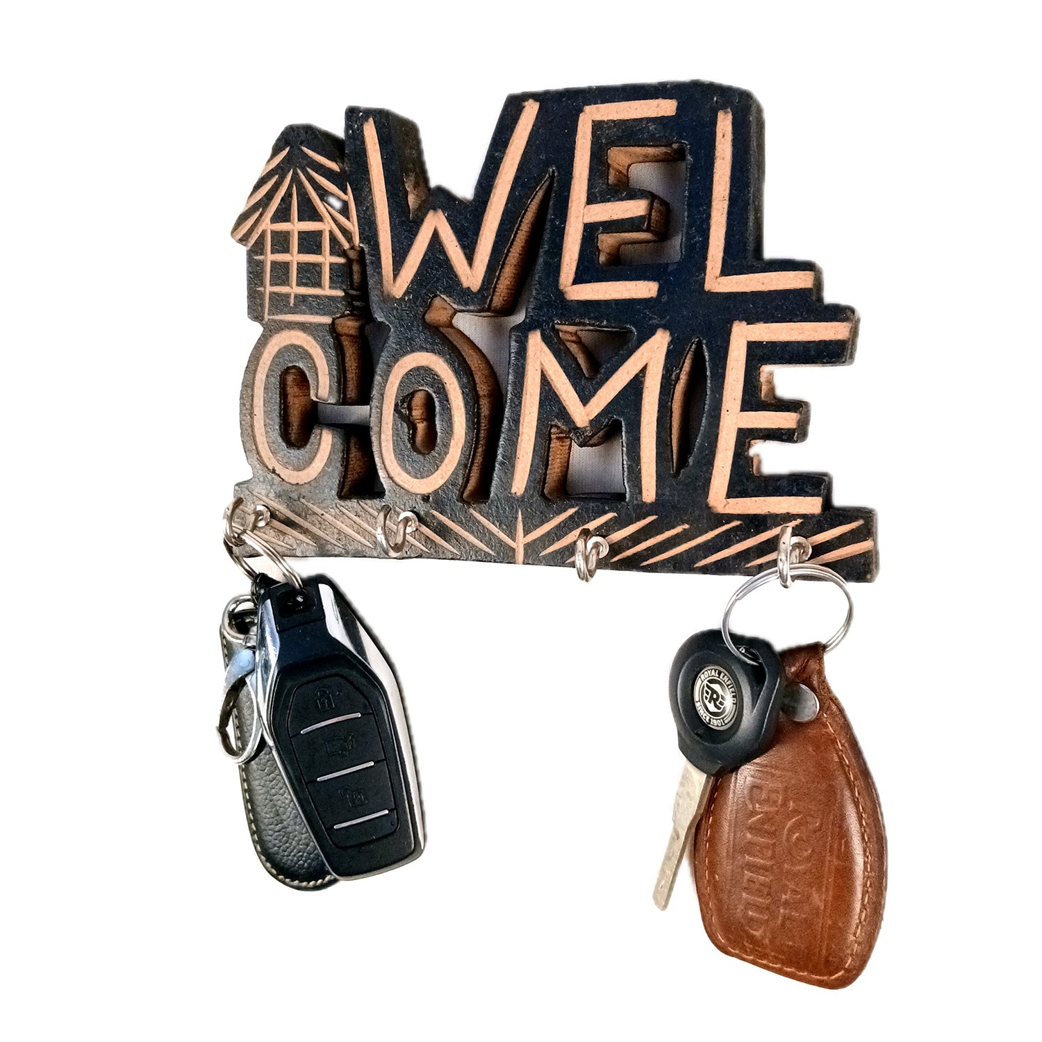 Key Holder Wall Hanging | Key Hook Stand Welcome Design| Keys Organizer - For Home, Entrance, Office Decor & Gifts - 7 Inch (4 Hooks) - Apkamart