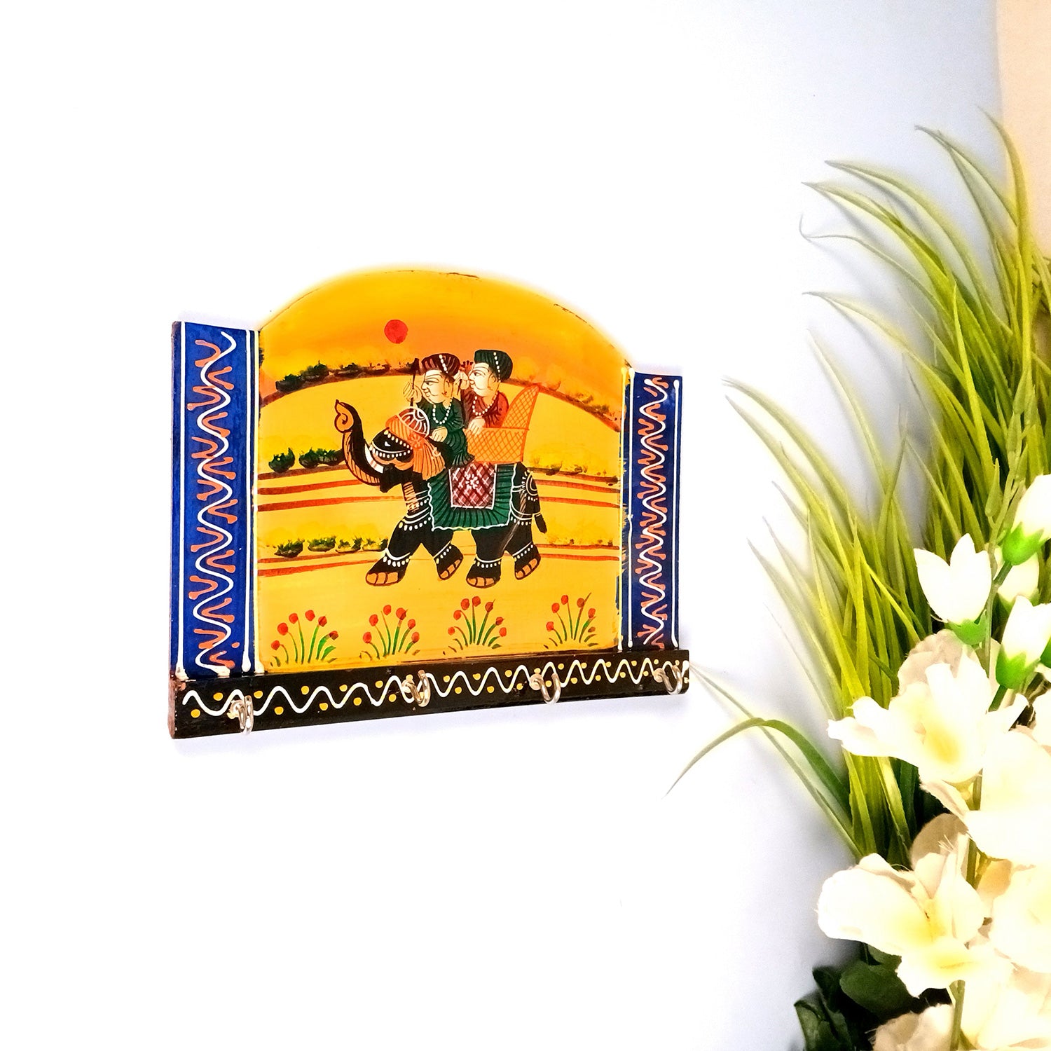 Key Holder Wall Hanging | Handpainted Key Hook Stand With 4 Hooks | Keys Organizer - For Home, Entrance, Office Decor & Gifts - 9 Inch - Apkamart