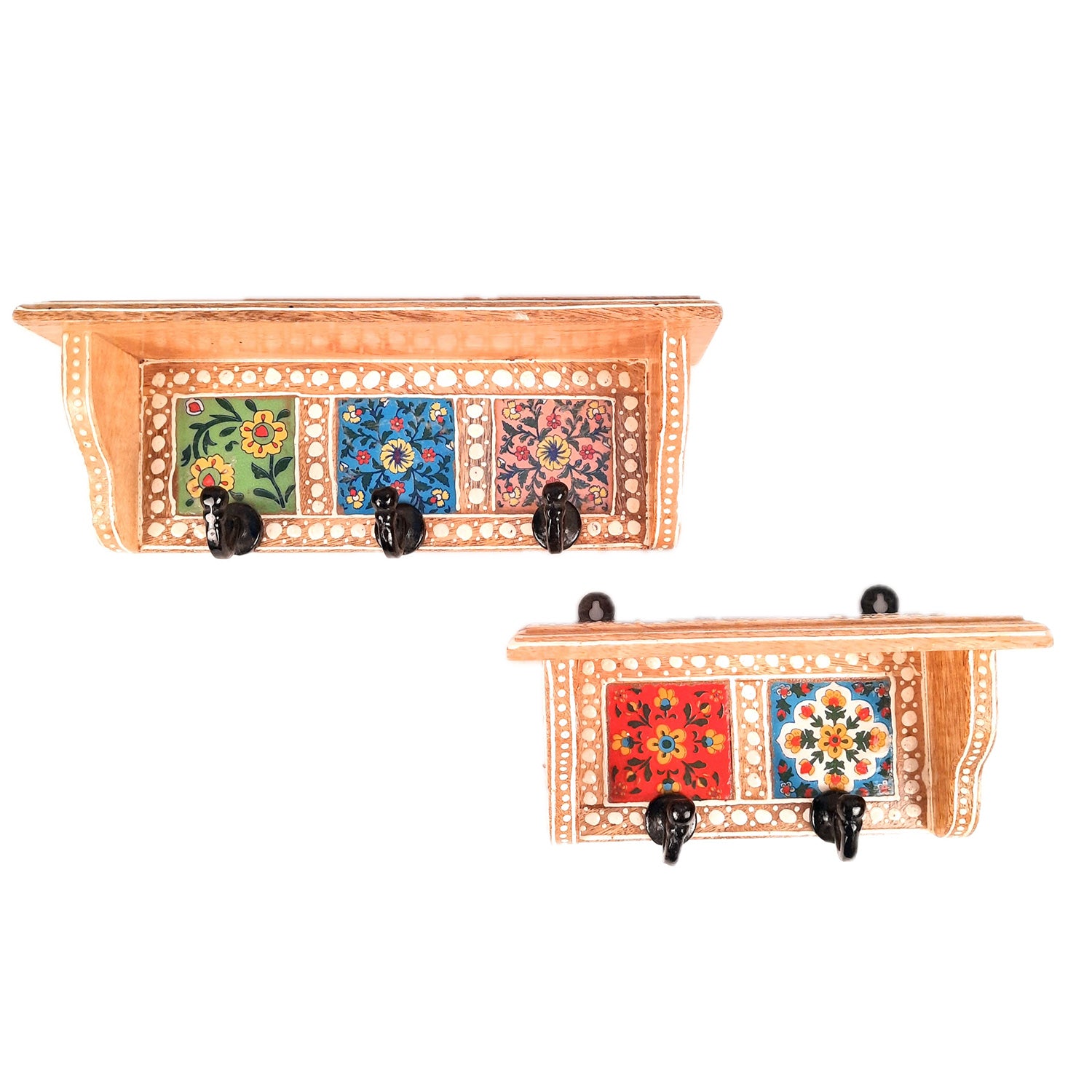 Wall Key Hooks With Wooden Shelf - Wall Mount | Floating Shelves For Decorating Showpieces, Vases, Candle Holders & Books | Key Holder Organiser - Home, Entrance, Office Decor & Gifts - Set of 2 - Apkamart #color_light brown