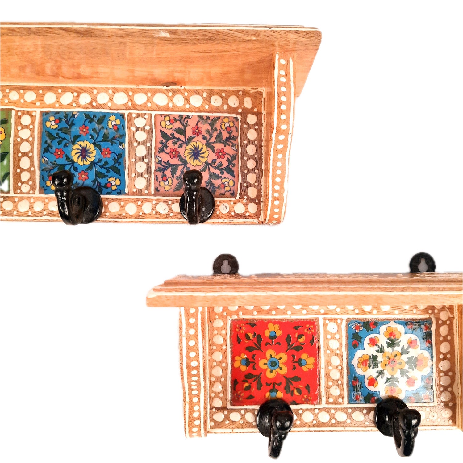 Wall Key Hooks With Wooden Shelf - Wall Mount | Floating Shelves For Decorating Showpieces, Vases, Candle Holders & Books | Key Holder Organiser - Home, Entrance, Office Decor & Gifts - Set of 2 - Apkamart #color_light brown