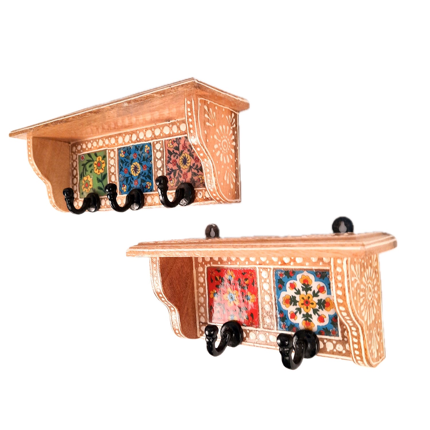 Wall Key Hooks With Wooden Shelf - Wall Mount | Floating Shelves For Decorating Showpieces, Vases, Candle Holders & Books | Key Holder Organiser - Home, Entrance, Office Decor & Gifts - Set of 2 - Apkamart #color_light brown