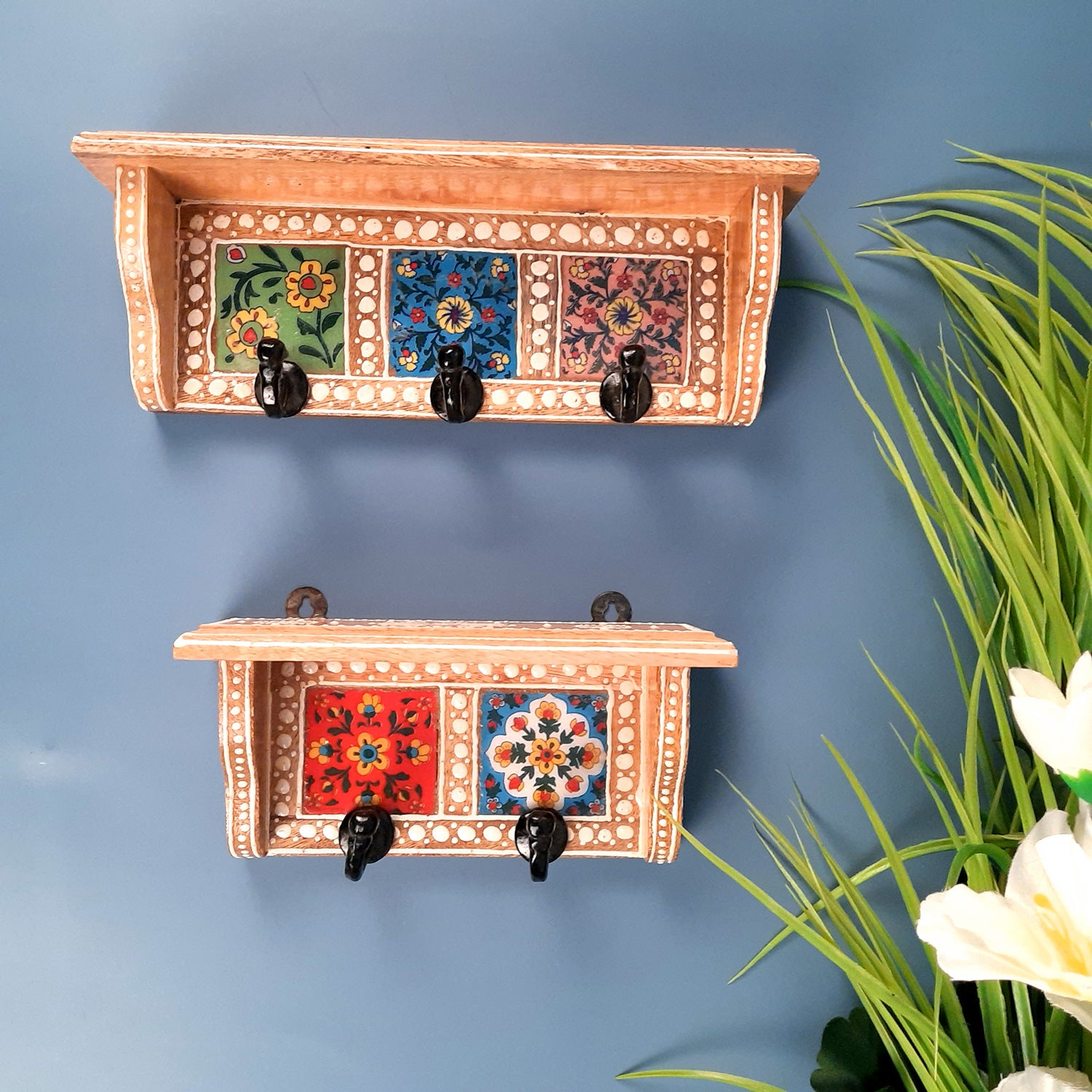 Wall Key Hooks With Wooden Shelf - Wall Mount | Floating Shelves For Decorating Showpieces, Vases, Candle Holders & Books | Key Holder Organiser - Home, Entrance, Office Decor & Gifts - Set of 2 - Apkamart #color_light brown