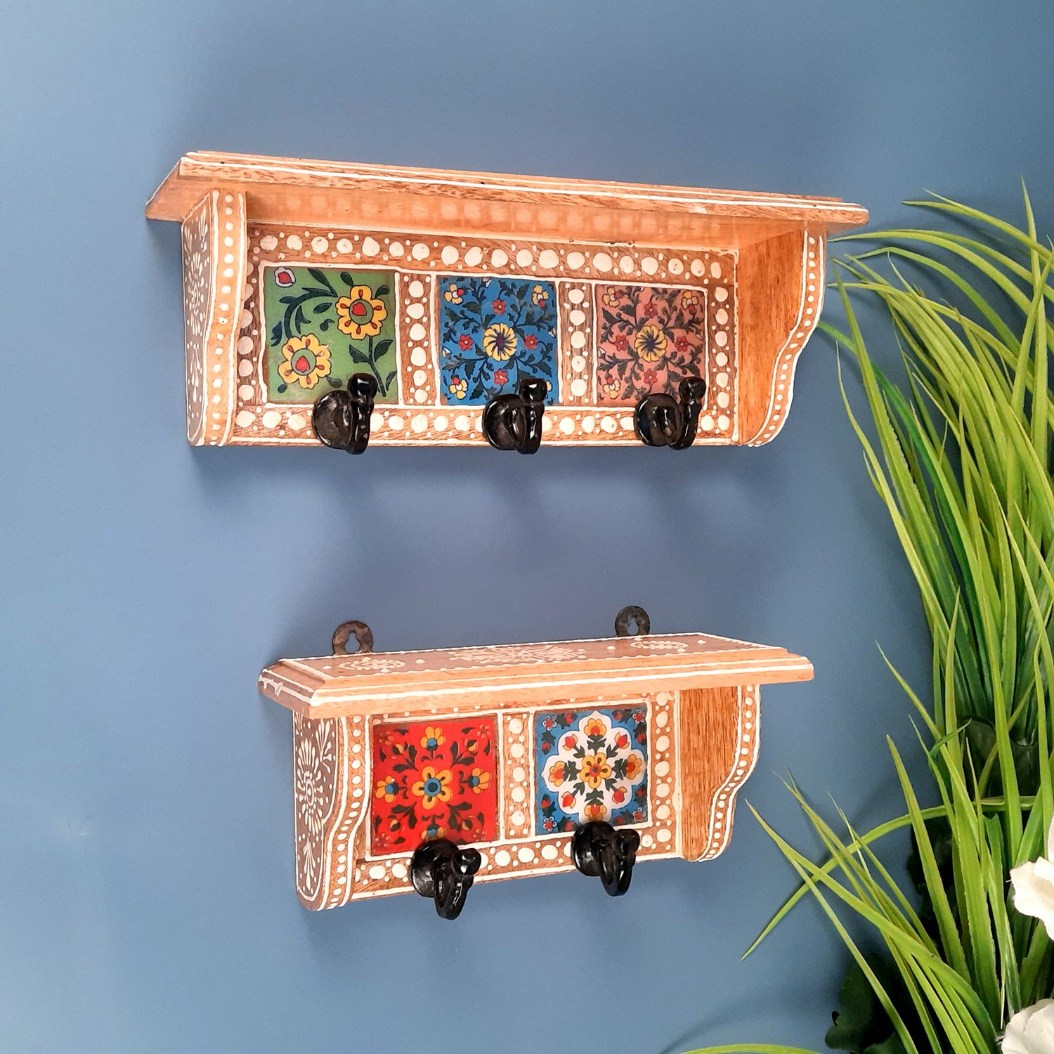 Wall Key Hooks With Wooden Shelf - Wall Mount | Floating Shelves For Decorating Showpieces, Vases, Candle Holders & Books | Key Holder Organiser - Home, Entrance, Office Decor & Gifts - Set of 2 - Apkamart #color_light brown