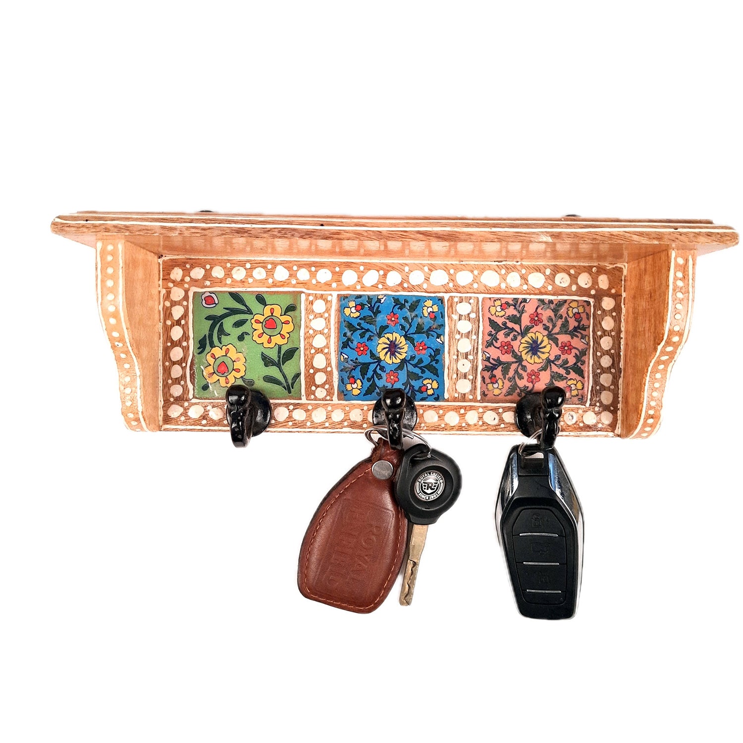 Wall Key Hooks With Wooden Shelf - Wall Mount | Floating Shelves For Decorating Showpieces, Vases, Candle Holders & Books | Key Holder Organiser - Home, Entrance, Office Decor & Gifts - Set of 2 - Apkamart #color_light brown