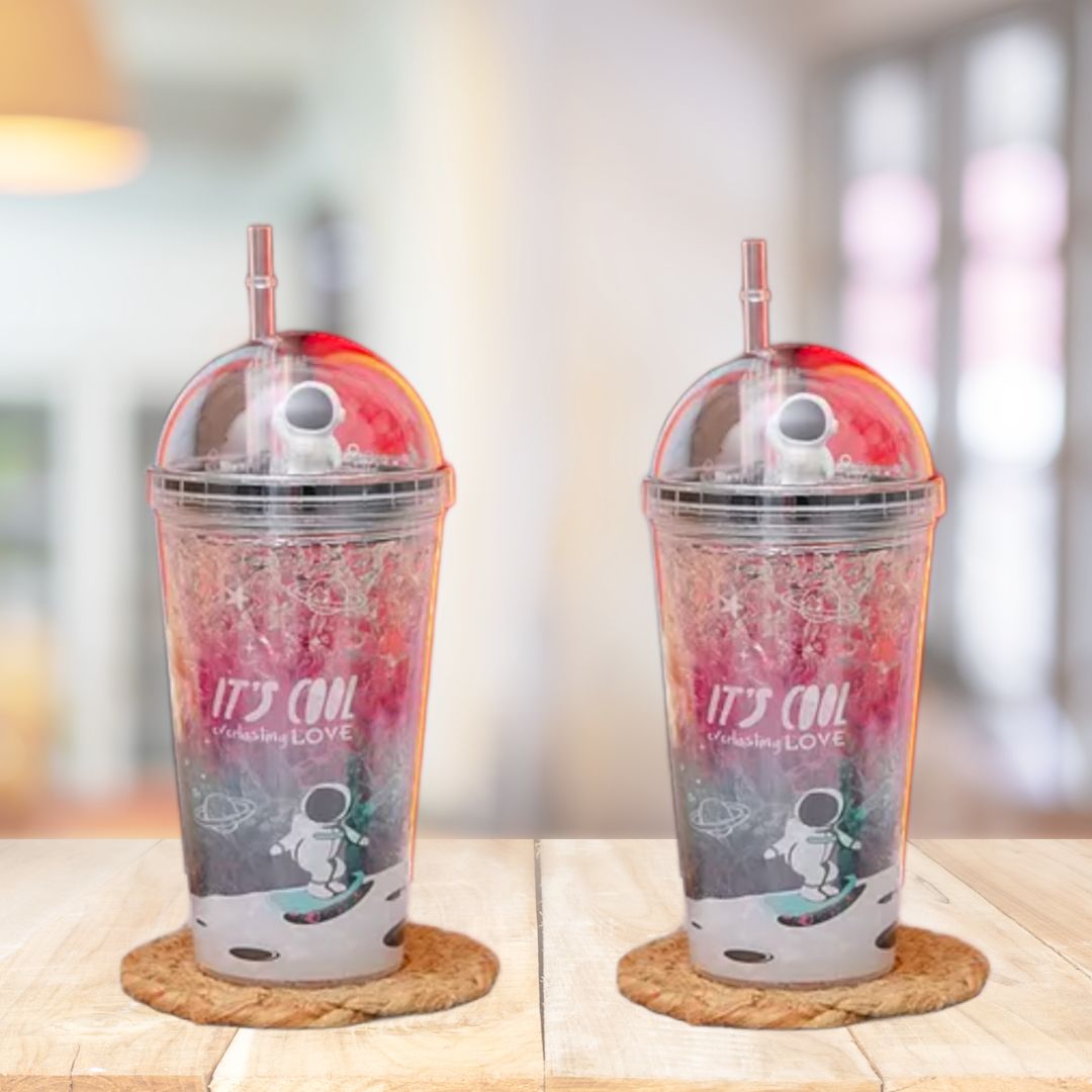 Sipper Bottle With LED Glow Light - Space / Astronaut Design | Tumbler with Straw & Lid - For Kids Birthday Gift & Return Gift - Apkamart #Style_Pack of 2