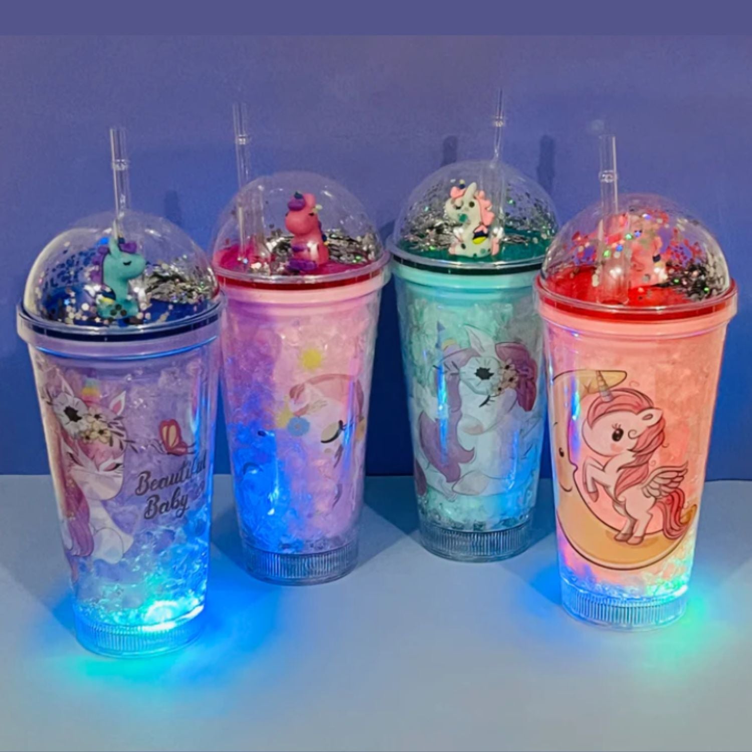 Unicorn Sipper Bottle With LED Glow Light | Tumbler with Straw & Lid - For Kids Birthday Gift & Return Gift - Apkamart #Style_pack of 3