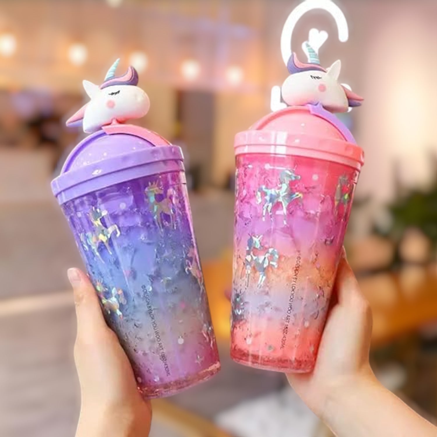 Unicorn Design Sipper Bottler with Straw | Open with Slide With Unicorn Top - For Kids Birthday Gift & Return Gift - Apkamart #Style_Pack of 2