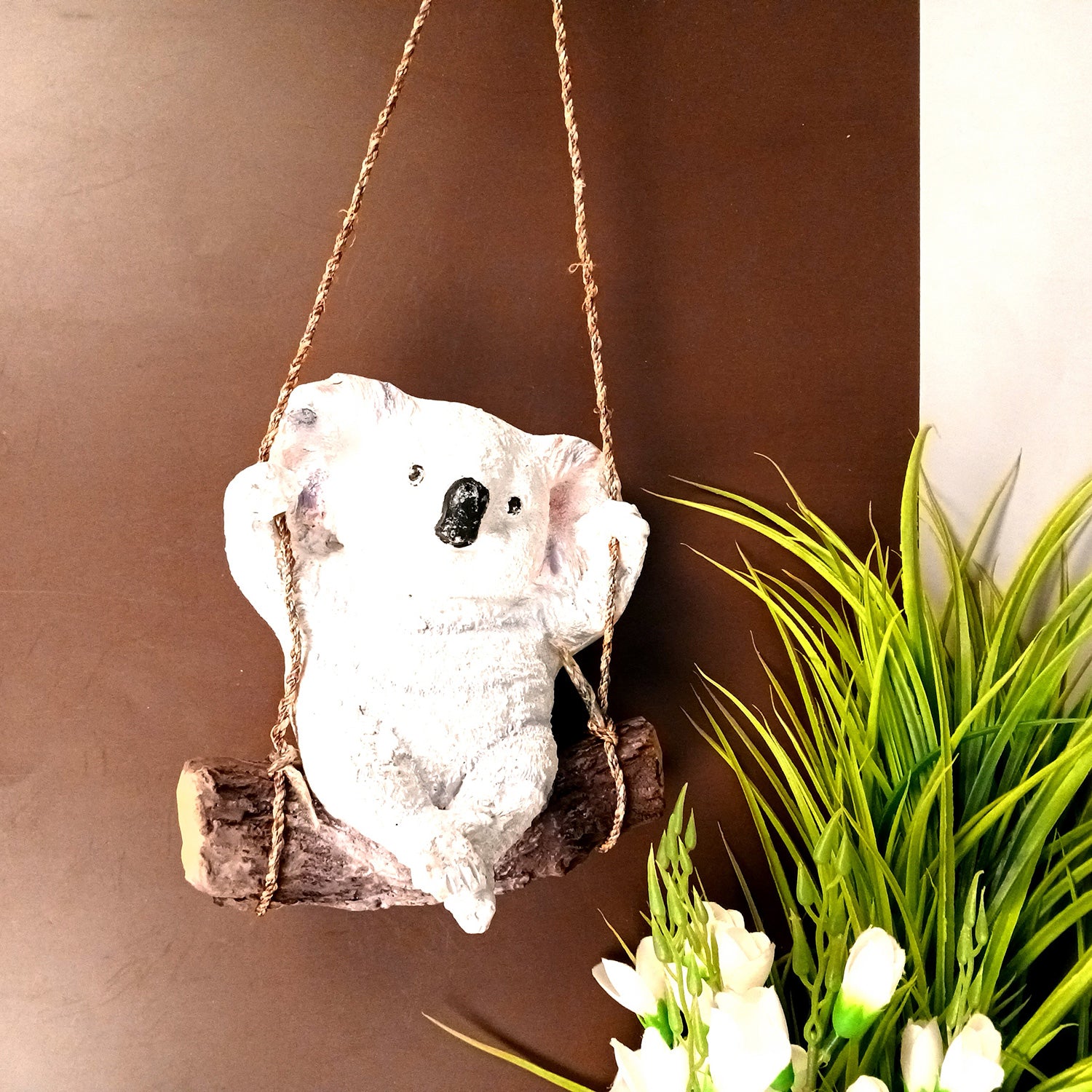 Koala Bear Showpiece Wall Hanging - Sitting on Swing Design | Cute Animal Showpiece - For Garden Decor, Home, Living Room, Kids Room & Gifts - 9 Inch - Apkamart #Colour_White