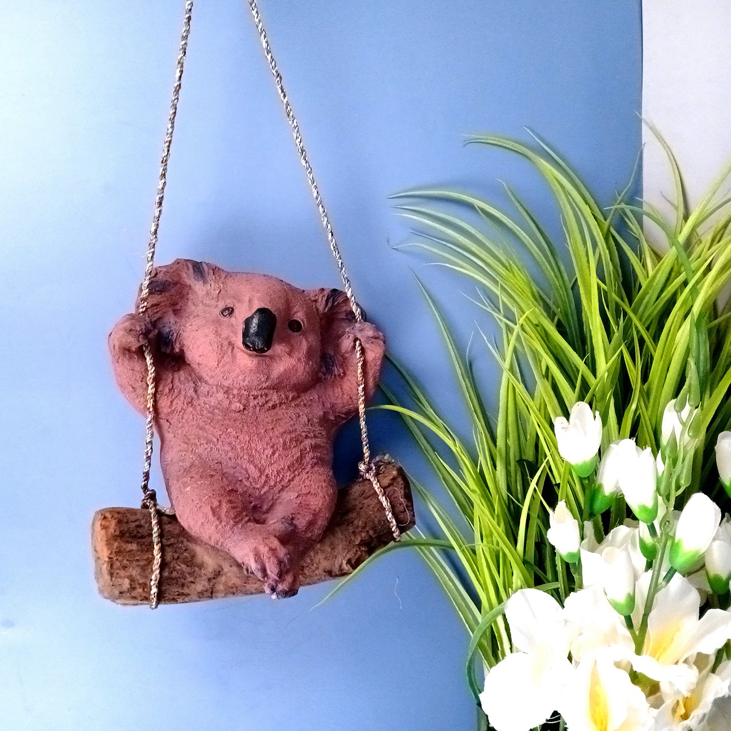 Koala Bear Showpiece Wall Hanging - Sitting on Swing Design | Cute Animal Showpiece - For Garden Decor, Home, Living Room, Kids Room & Gifts - 9 Inch - Apkamart #Colour_Brown