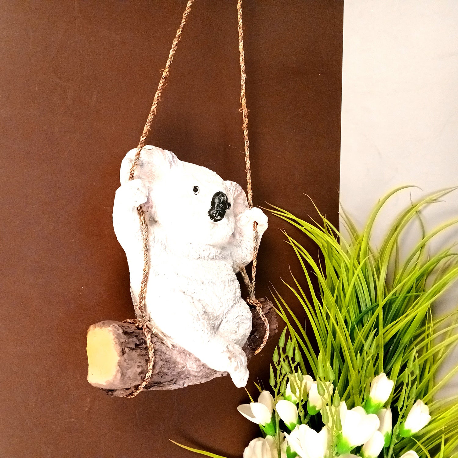 Koala Bear Showpiece Wall Hanging - Sitting on Swing Design | Cute Animal Showpiece - For Garden Decor, Home, Living Room, Kids Room & Gifts - 9 Inch - Apkamart #Colour_White