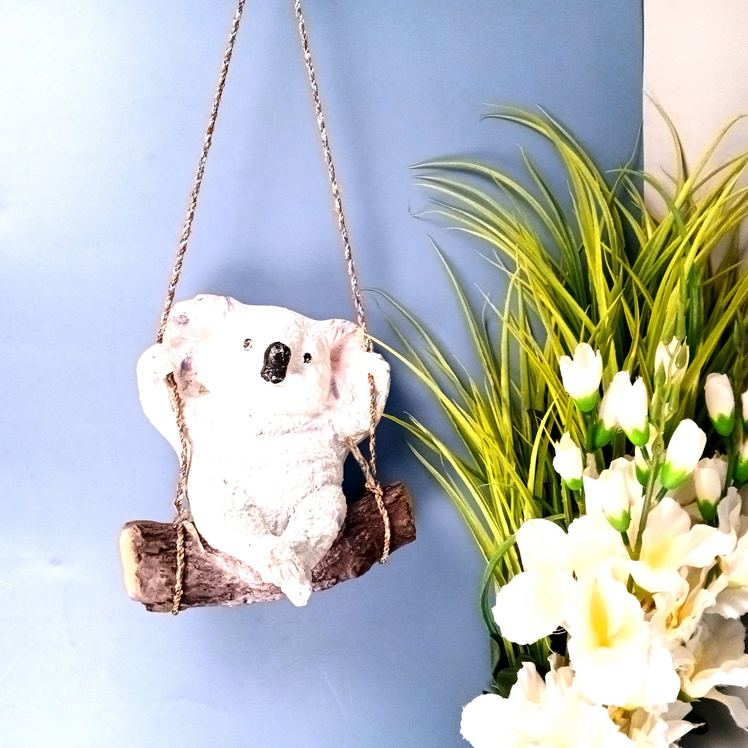 Koala Bear Showpiece Wall Hanging - Sitting on Swing Design | Cute Animal Showpiece - For Garden Decor, Home, Living Room, Kids Room & Gifts - 9 Inch - Apkamart #Colour_White