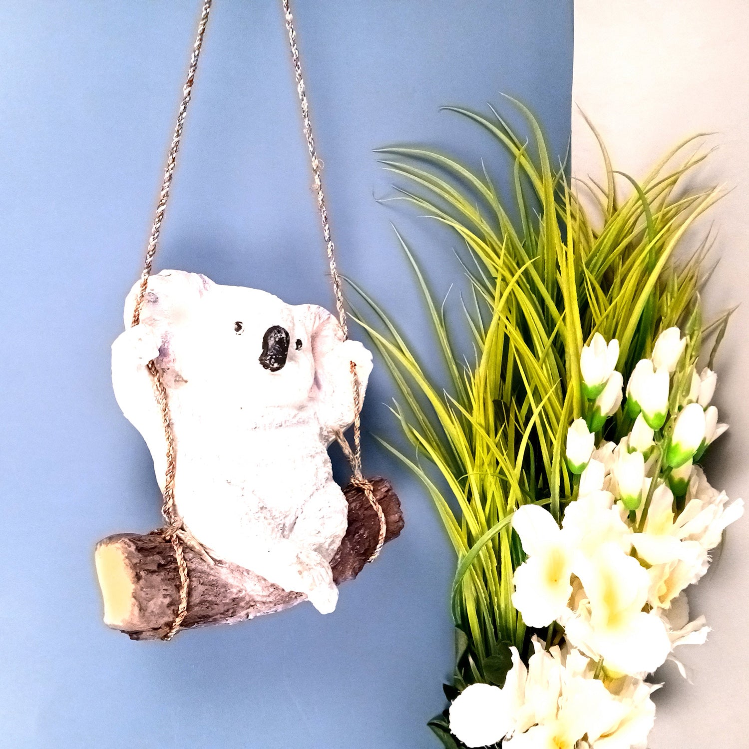 Koala Bear Showpiece Wall Hanging - Sitting on Swing Design | Cute Animal Showpiece - For Garden Decor, Home, Living Room, Kids Room & Gifts - 9 Inch - Apkamart #Colour_White