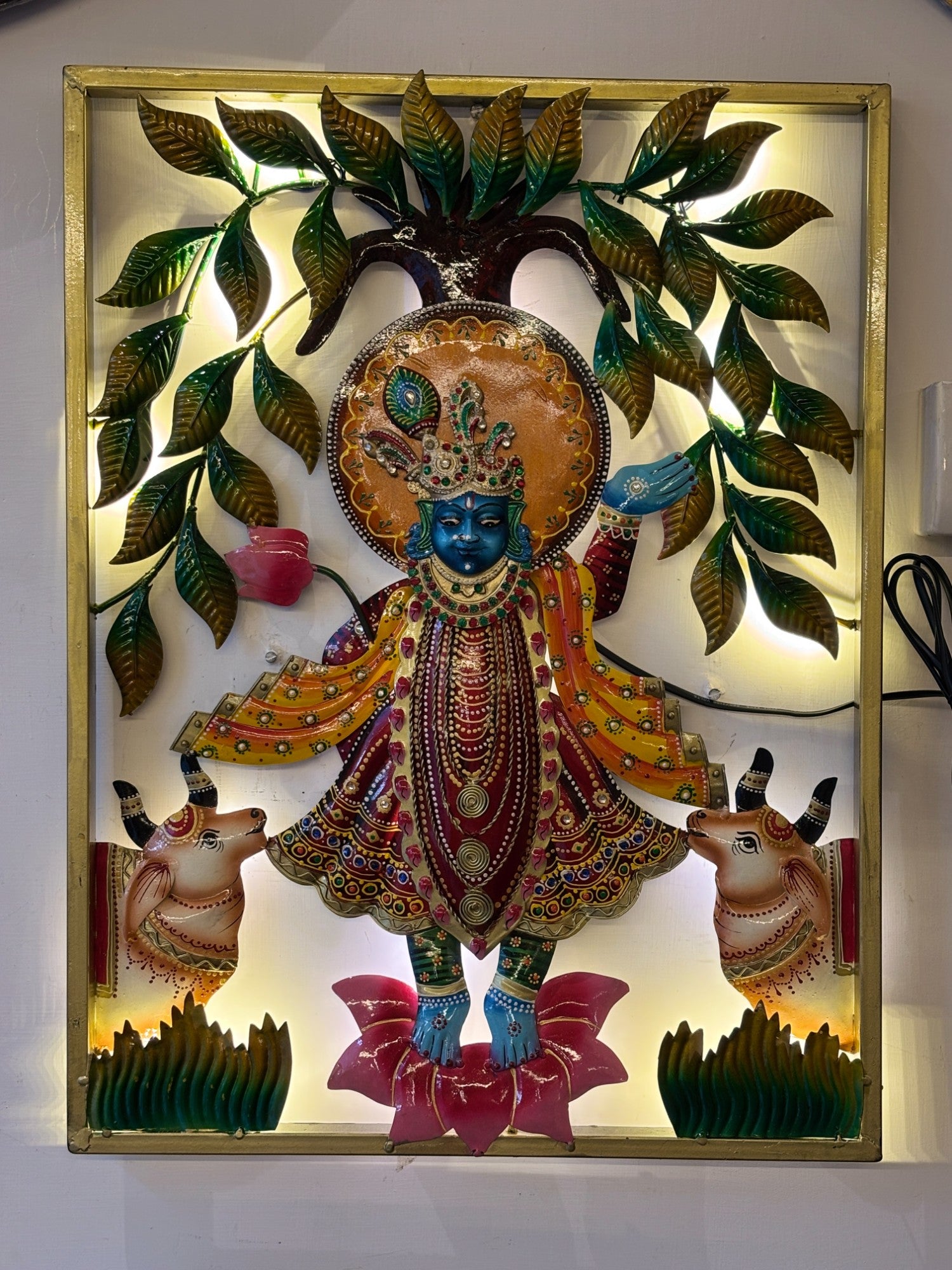 Krishna Wall Hanging With LED Lights for Home Decor | Decorative Wall Art Showpiece for Living Room, Bedroom & Office | Traditional & Modern Home Decoration - 24 Inch - Apkamart