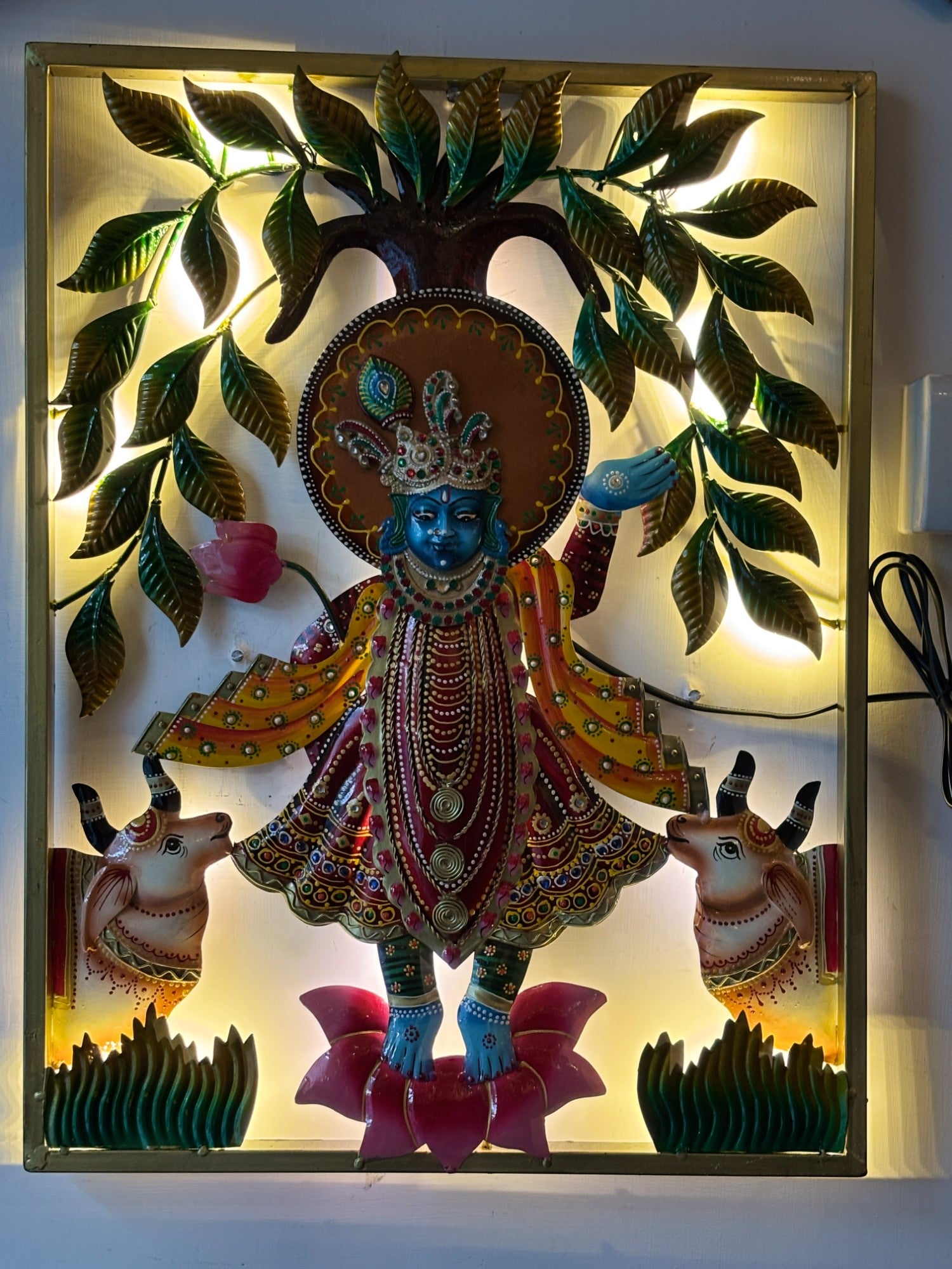 Krishna Wall Hanging With LED Lights for Home Decor | Decorative Wall Art Showpiece for Living Room, Bedroom & Office | Traditional & Modern Home Decoration - 24 Inch - Apkamart