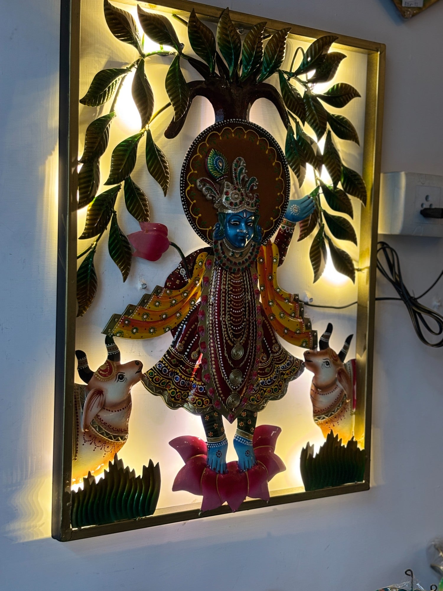 Krishna Wall Hanging With LED Lights for Home Decor | Decorative Wall Art Showpiece for Living Room, Bedroom & Office | Traditional & Modern Home Decoration - 24 Inch - Apkamart