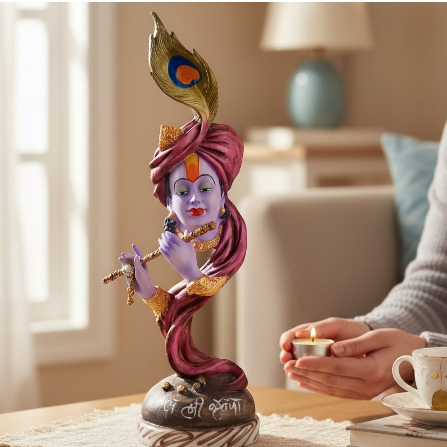 Krishna with Bansuri Statue | Decorative Krishan Idol for Pooja & Living Room | Spiritual Home & Table Decor, Diwali & Janmashtami Gift - 22 Inch - Apkamart