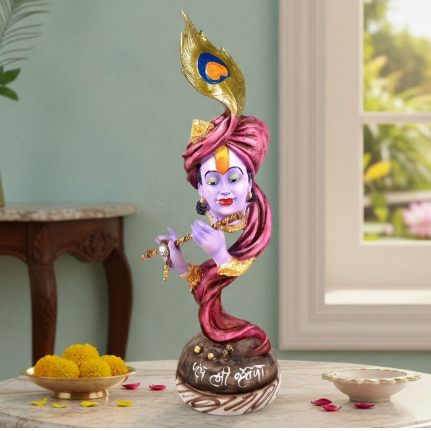 Shri Krishna Idol with Flute | Krishan Murti for Home Temple & Vastu | Religious Table Decor, Diwali & Janmashtami Gift - 22 Inch - Apkamart