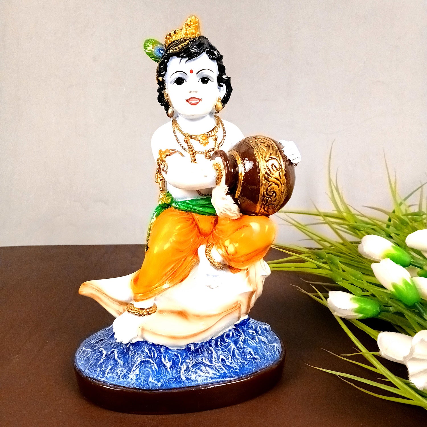 Bal Gopal Krishna Statue | Laddu Gopal Sitting on Shankh Idol | Makhan Chor Baby Krishna Murti - for Pooja, Home, Office Decor & Gifts - 11 Inch - Apkamart
