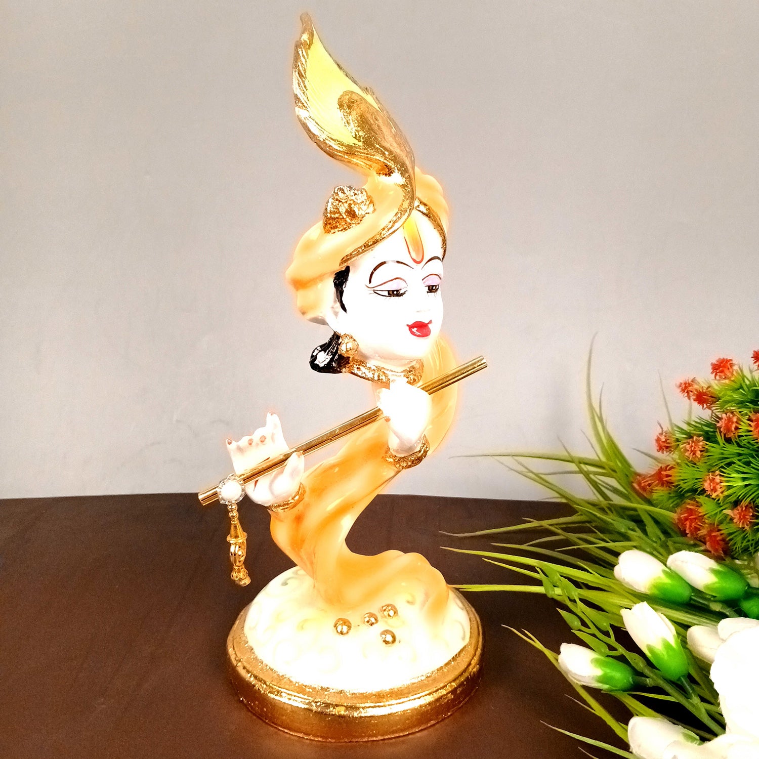 Lord Krishan Idol Murti| Decorative Krishna Face Statue Showpiece - for Home, Puja Room, Table Decor, Living Room, Office Desk & Gift - 14 inch - Apkamart