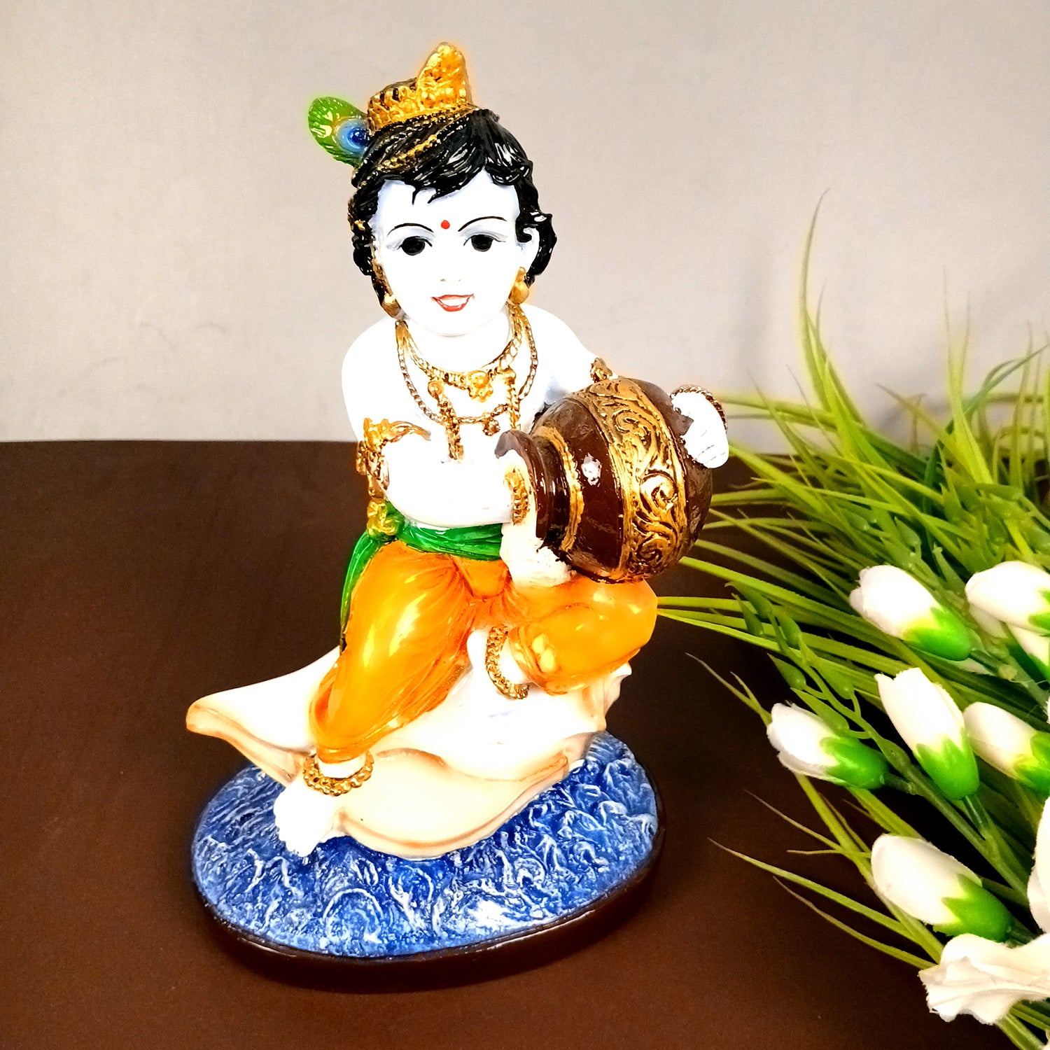 Bal Gopal Krishna Statue | Laddu Gopal Sitting on Shankh Idol | Makhan Chor Baby Krishna Murti - for Pooja, Home, Office Decor & Gifts - 11 Inch - Apkamart