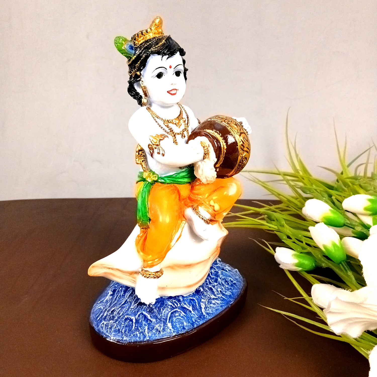 Bal Gopal Krishna Statue | Laddu Gopal Sitting on Shankh Idol | Makhan Chor Baby Krishna Murti - for Pooja, Home, Office Decor & Gifts - 11 Inch - Apkamart