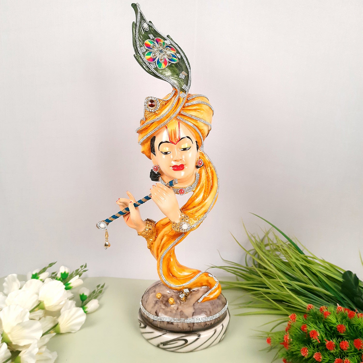 Krishna Statue | Shri Krishna Playing Flute Idol | Lord Krishna Murti - for Home, Living Room, Office, Puja, Entrance Decoration & Gifts - 13 Inch - Apkamart #Color_Yellow