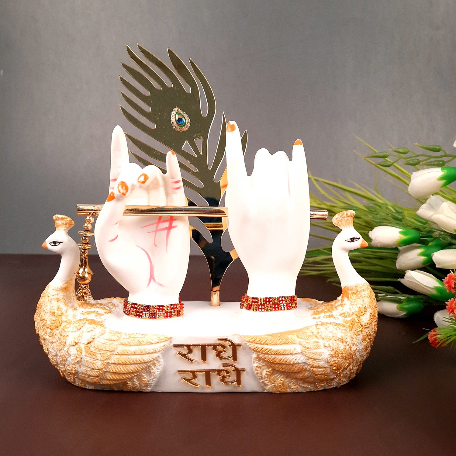 Radha Krishna Hand Statue with Flute Showpiece | Radha Krishna Statue Murti - for Home, Living Room, Office, Entrance Decor & Gifts - 8 Inch - apkamart