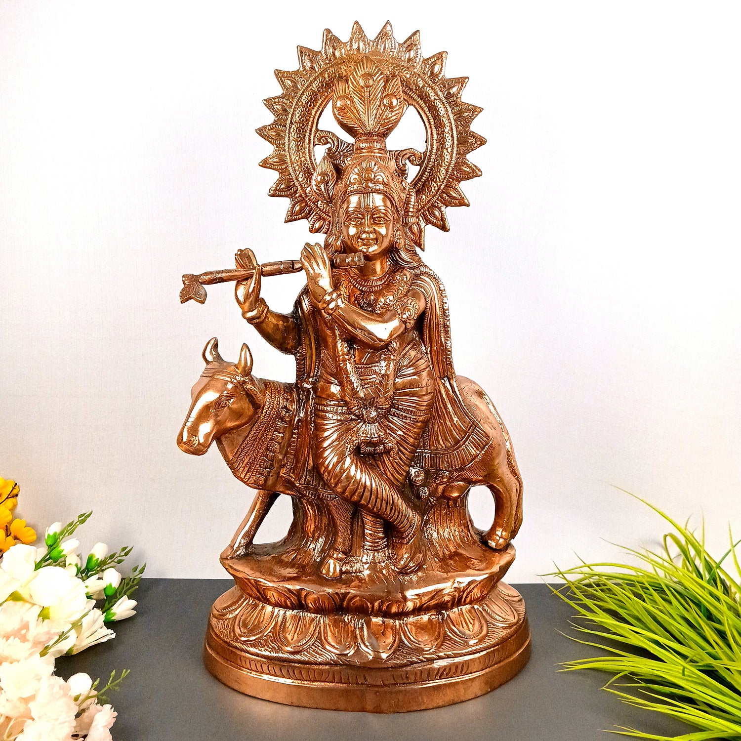 Krishna Statue Big | Shri Krishna With Cow Idol Murti - for Home, Table, Living Room, Office, Puja , Entrance Decoration & Gifts - 27 Inch - Apkamart