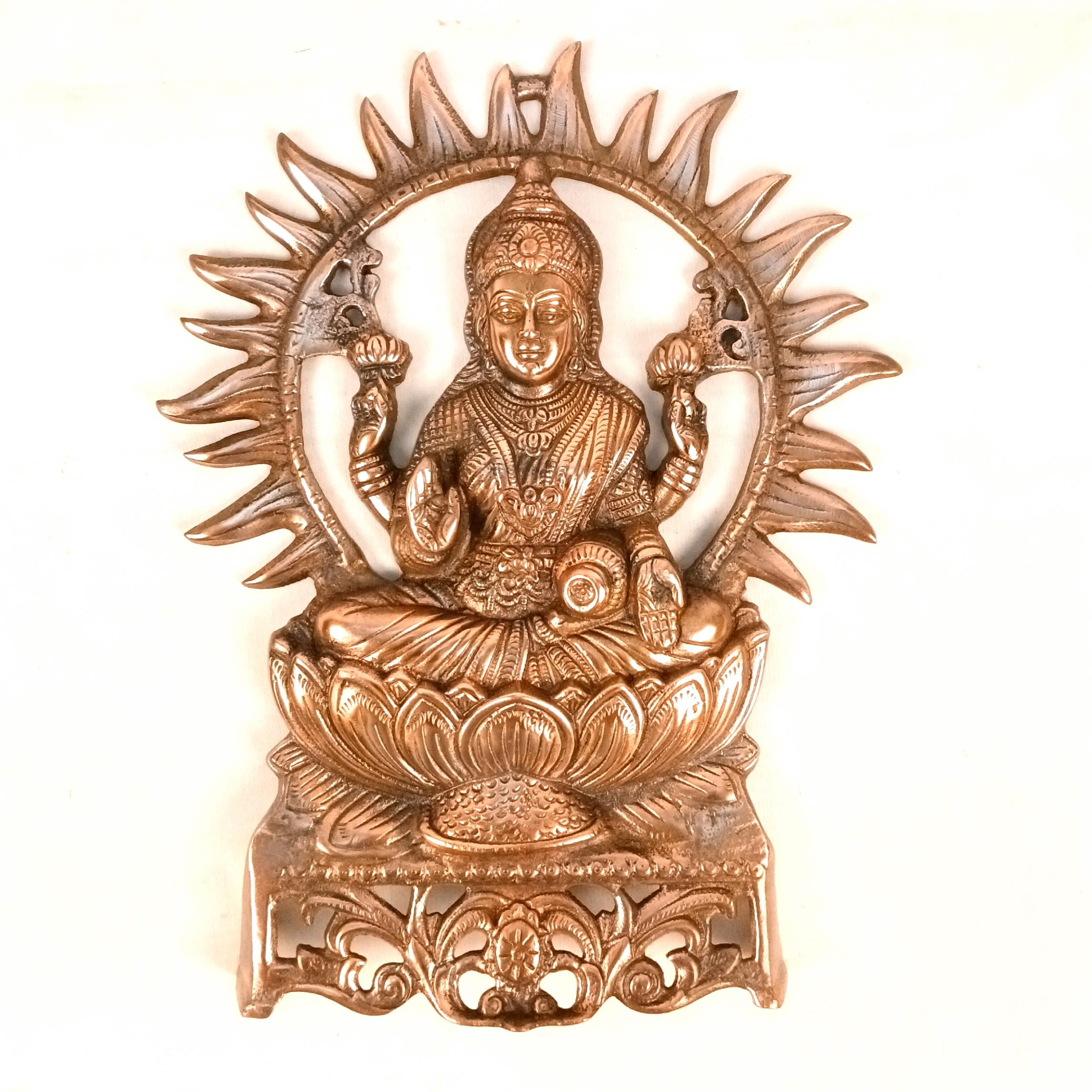Goddess Lakshmi Wall Hanging | Maa Laxmi Metal Idol Sitting in Lotus | Religious Wall Decor for Home, Pooja Room, Office & Living Room - 16 Inch - Apkamart