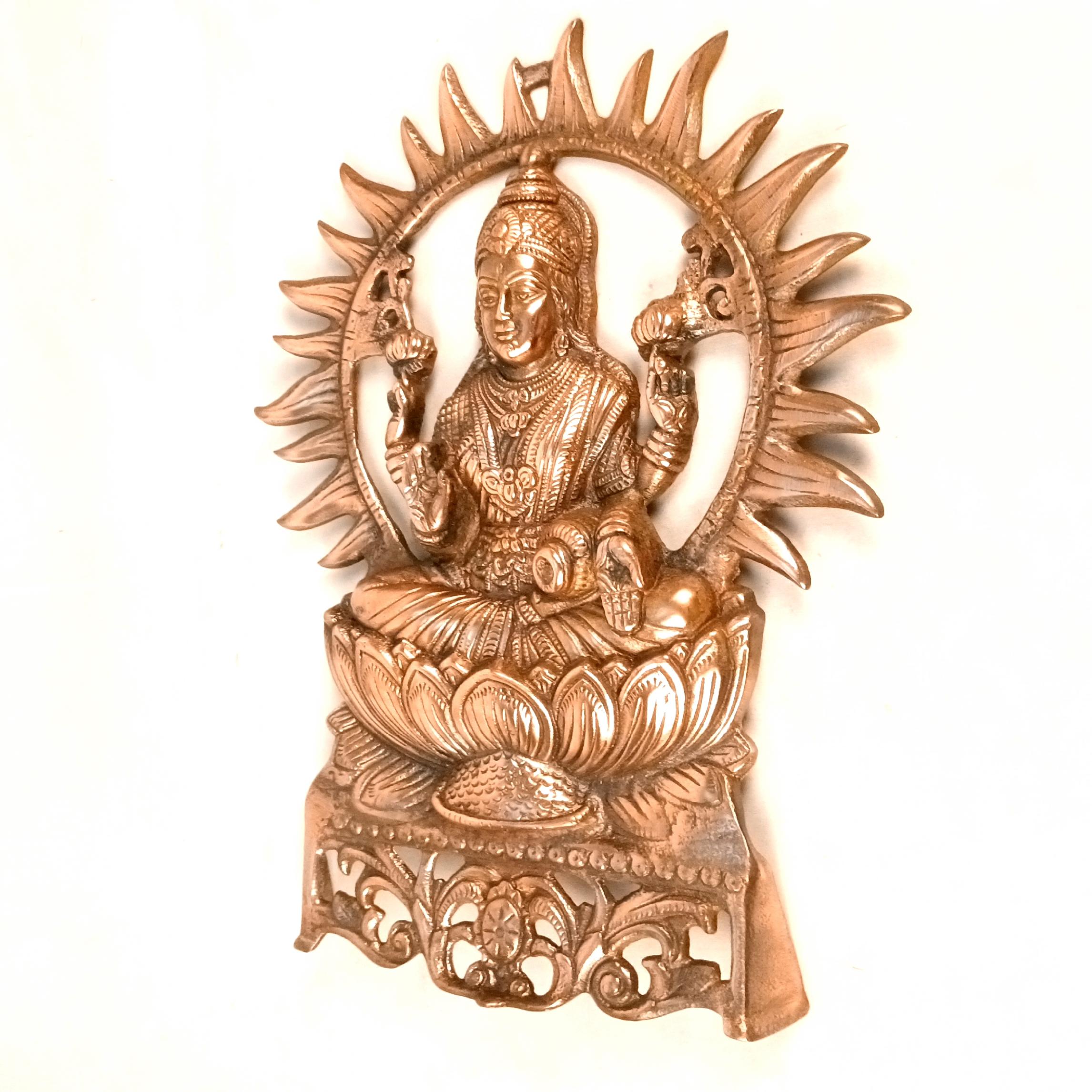 Goddess Lakshmi Wall Hanging | Maa Laxmi Metal Idol Sitting in Lotus | Religious Wall Decor for Home, Pooja Room, Office & Living Room - 16 Inch - Apkamart