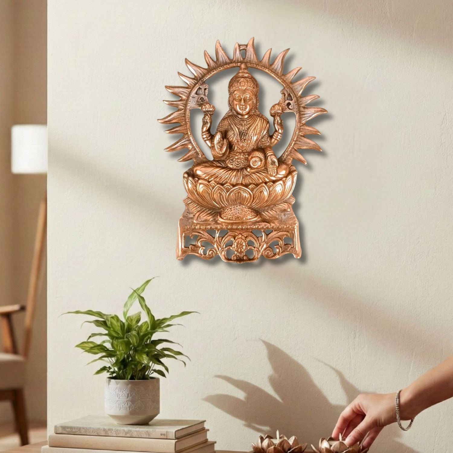 Goddess Lakshmi Wall Hanging | Maa Laxmi Metal Idol Sitting in Lotus | Religious Wall Decor for Home, Pooja Room, Office & Living Room - 16 Inch - Apkamart
