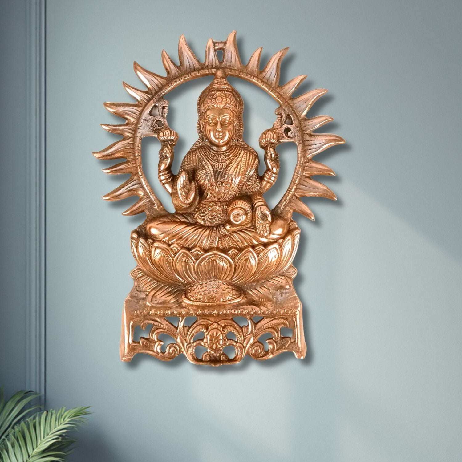 Goddess Lakshmi Wall Hanging | Maa Laxmi Metal Idol Sitting in Lotus | Religious Wall Decor for Home, Pooja Room, Office & Living Room - 16 Inch - Apkamart