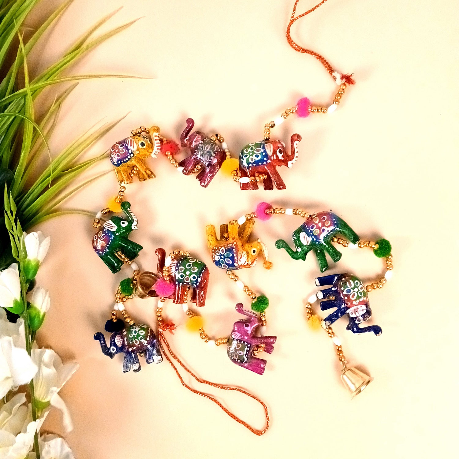 Latkan Toran Wall Hanging Set | Rajasthani Traditional Hangings with Bells - Elephant Design - For Main Door, Entrance, Room, Home, Diwali Decoration - 33 Inch (Pack of 2) - Apkamart