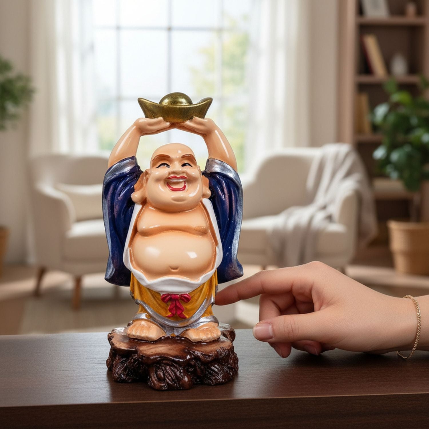 Laughing Buddha With Gold Ingo | Monk Showpiece with Money Bag for Wealth | Good Luck, Money, Health and Prosperity - For Home, Table & Office Decor & Gift - 5 Inch - Apkamart