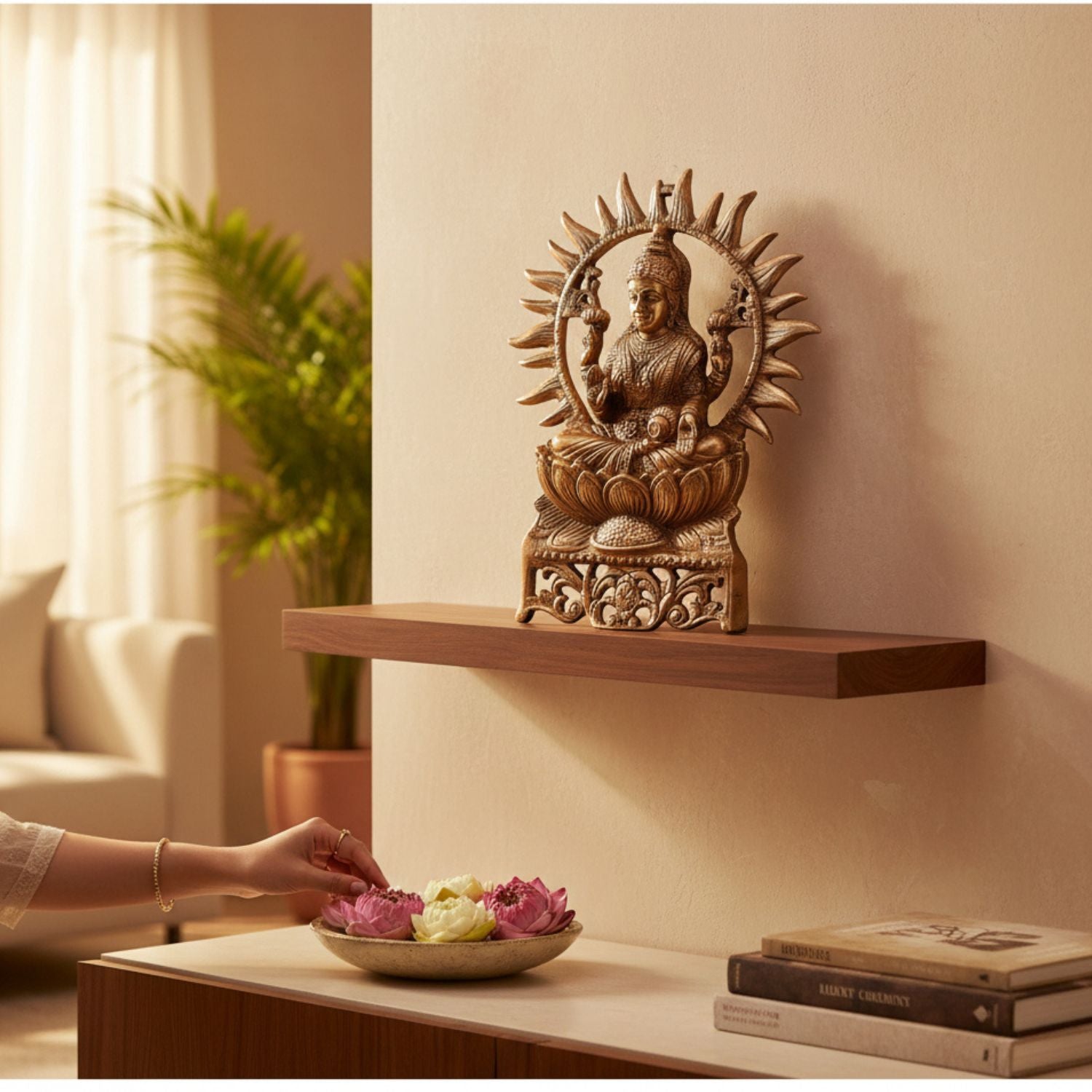 Goddess Lakshmi Wall Hanging | Maa Laxmi Metal Idol Sitting in Lotus | Religious Wall Decor for Home, Pooja Room, Office & Living Room - 16 Inch - Apkamart