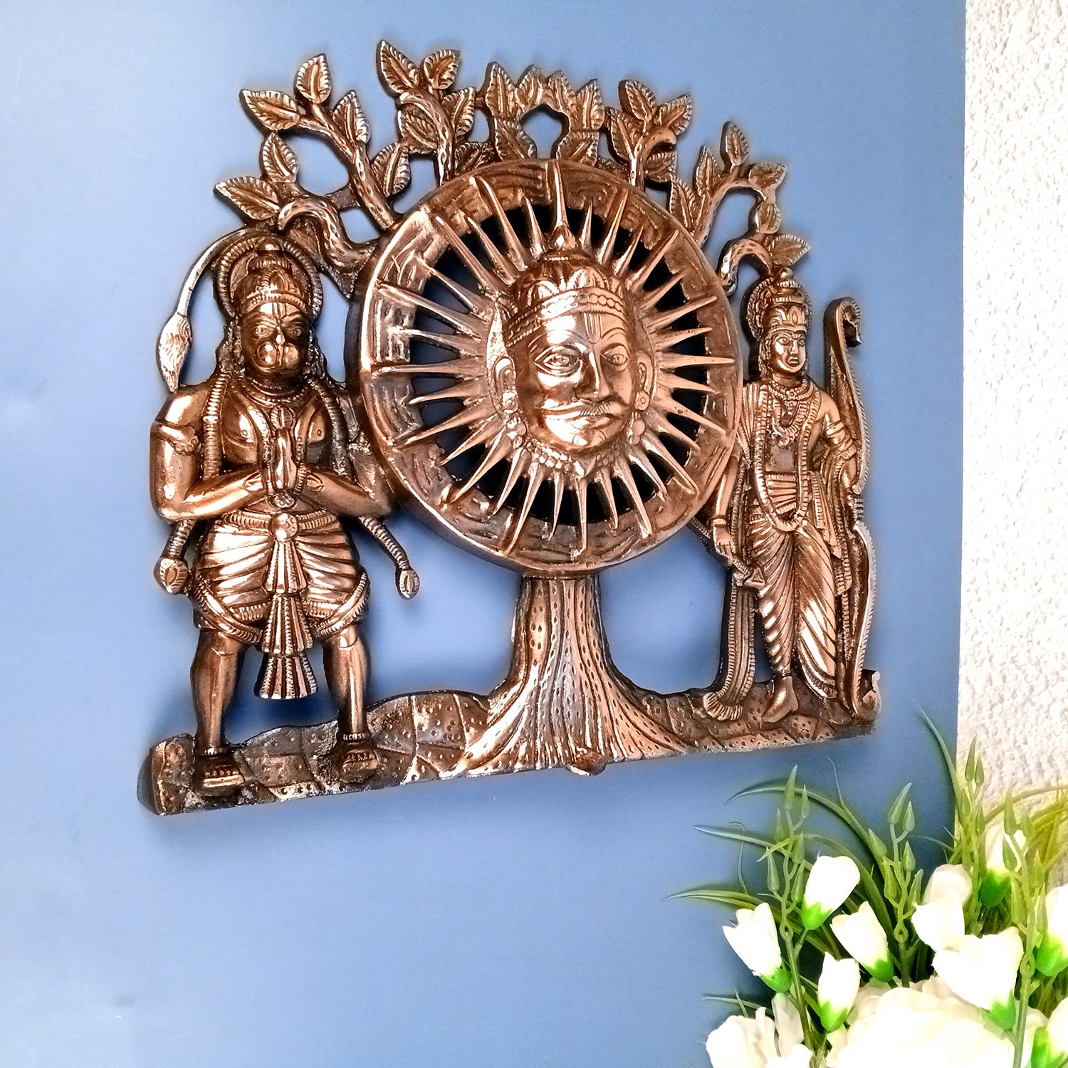 Sun God with Shri Ram & Hanuman Wall Hanging - Standing With Kalp Vriksha Design | Large Metal Wall Decor - for Home, Entrance, Living Room & Temple Decor - 15 Inch - Apkamart