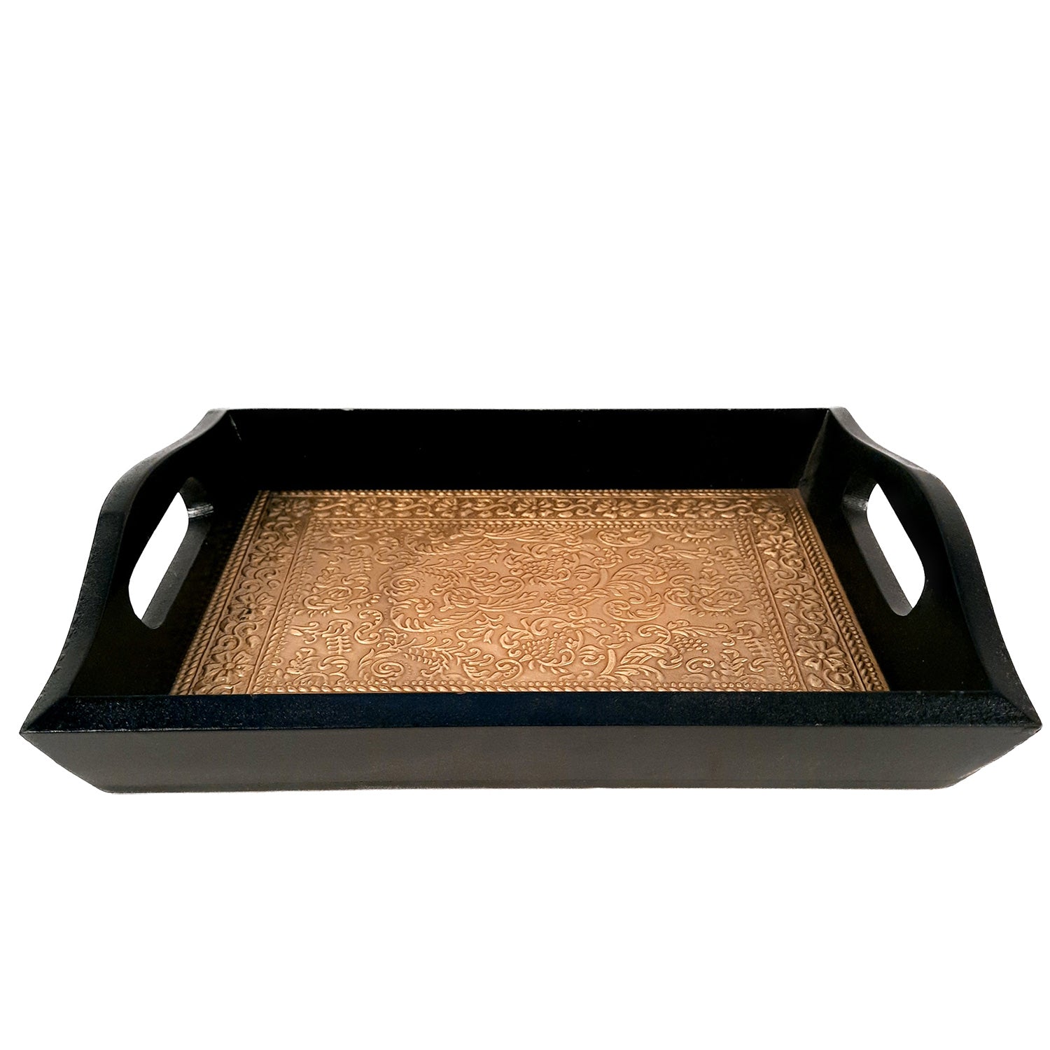 Brass Tray | Wooden Tea & Snacks Serving Platter Wooden | Tray With Handles - for Home, Dining Table, Kitchen Decor, Restaurants, Office, Cafe & Gifts - 14 Inch - Apkamart