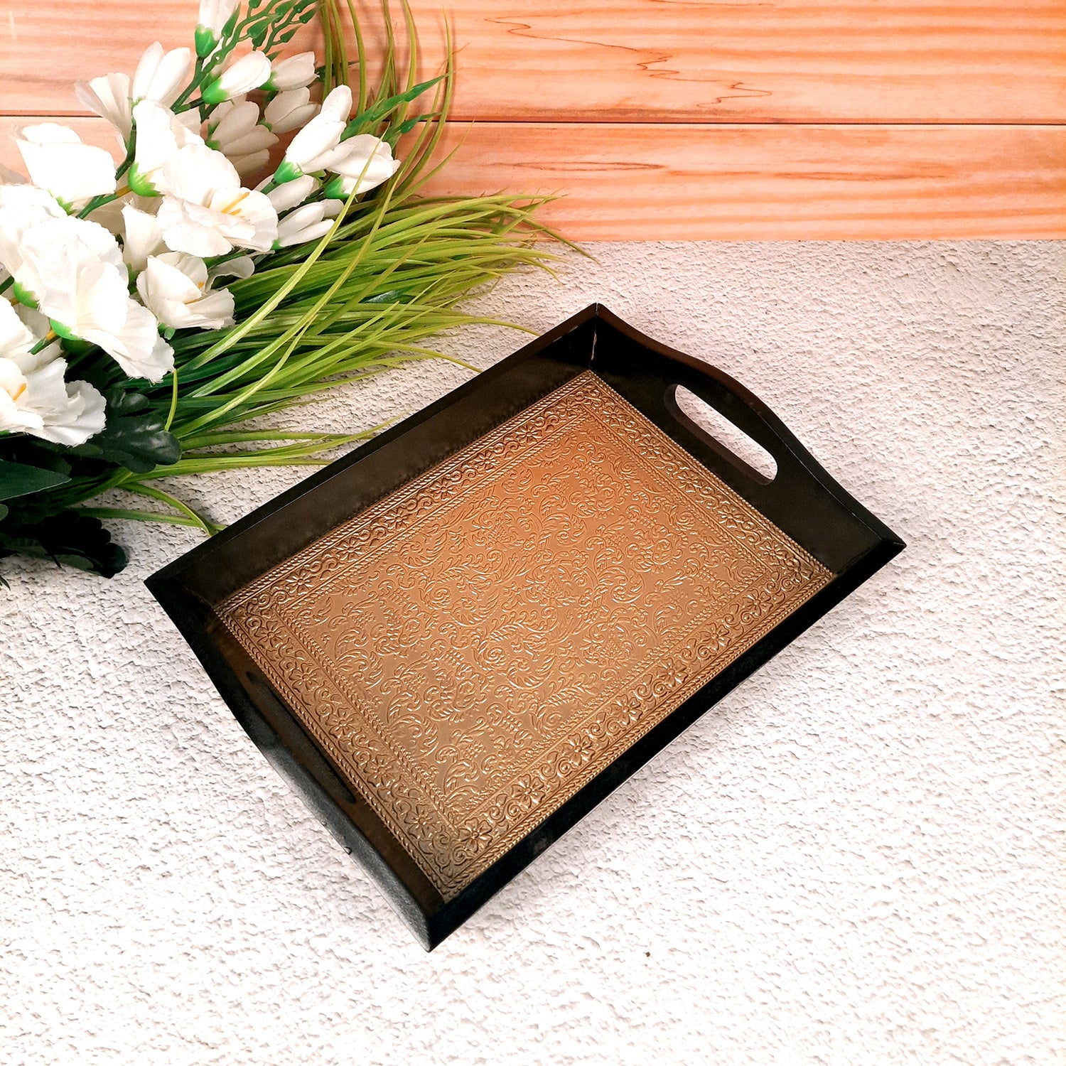 Brass Tray | Wooden Tea & Snacks Serving Platter Wooden | Tray With Handles - for Home, Dining Table, Kitchen Decor, Restaurants, Office, Cafe & Gifts - 14 Inch - Apkamart
