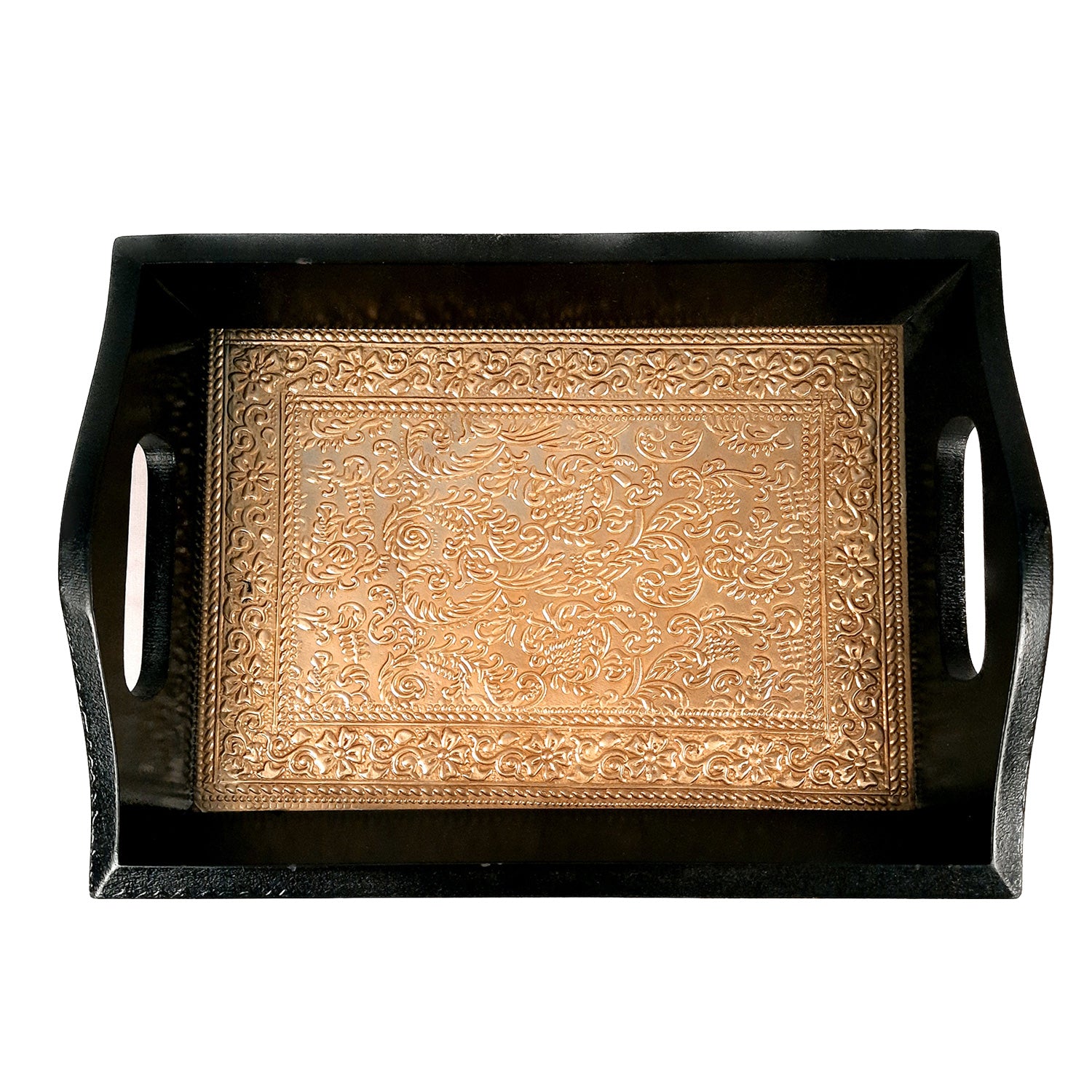 Brass Tray | Wooden Tea & Snacks Serving Platter Wooden | Tray With Handles - for Home, Dining Table, Kitchen Decor, Restaurants, Office, Cafe & Gifts - 14 Inch - Apkamart