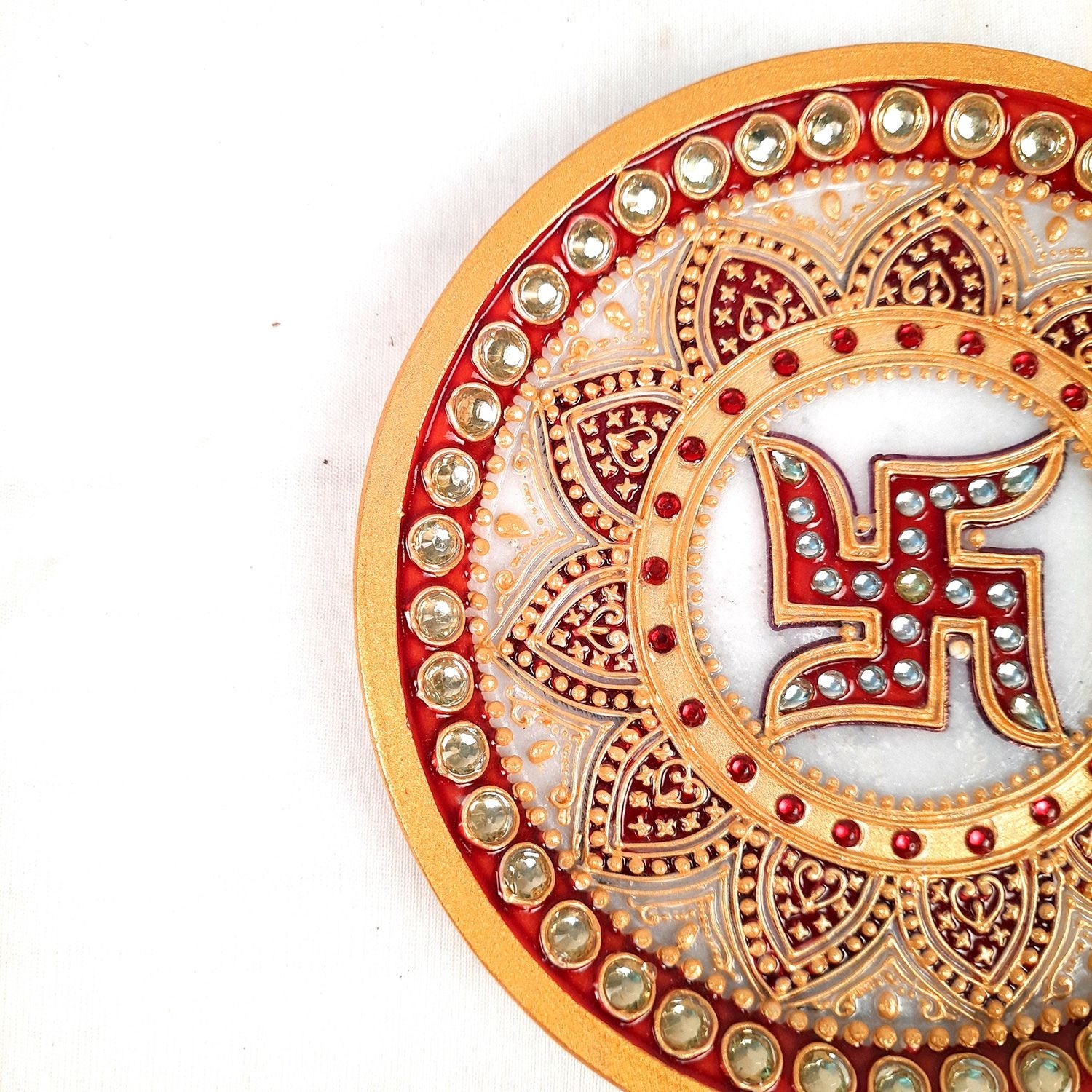 Marble Pooja Plate | Aarti Thali with Intricate Detailing & Swastik Design - for Pooja, Weddings, Temple, Rakhi, Karwachauth & Festival Decor - 6 Inch - apkamart