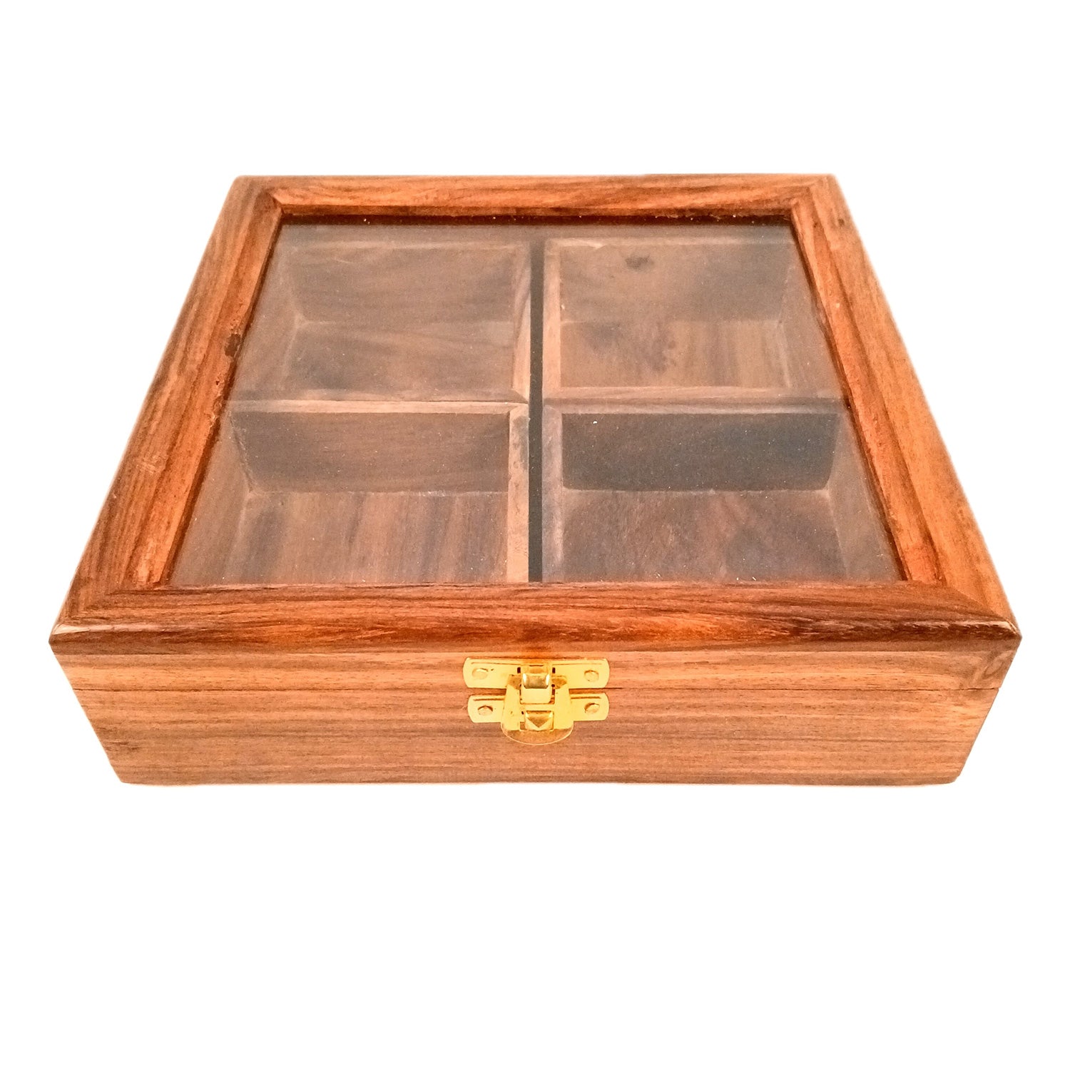 Wooden Spice Box with 4 Partitions | Dry Fruit Box | Spice Container - for Kitchen, Masala Dabba, Namakdani, Wooden Masala Box - 8 Inch - Apkamart